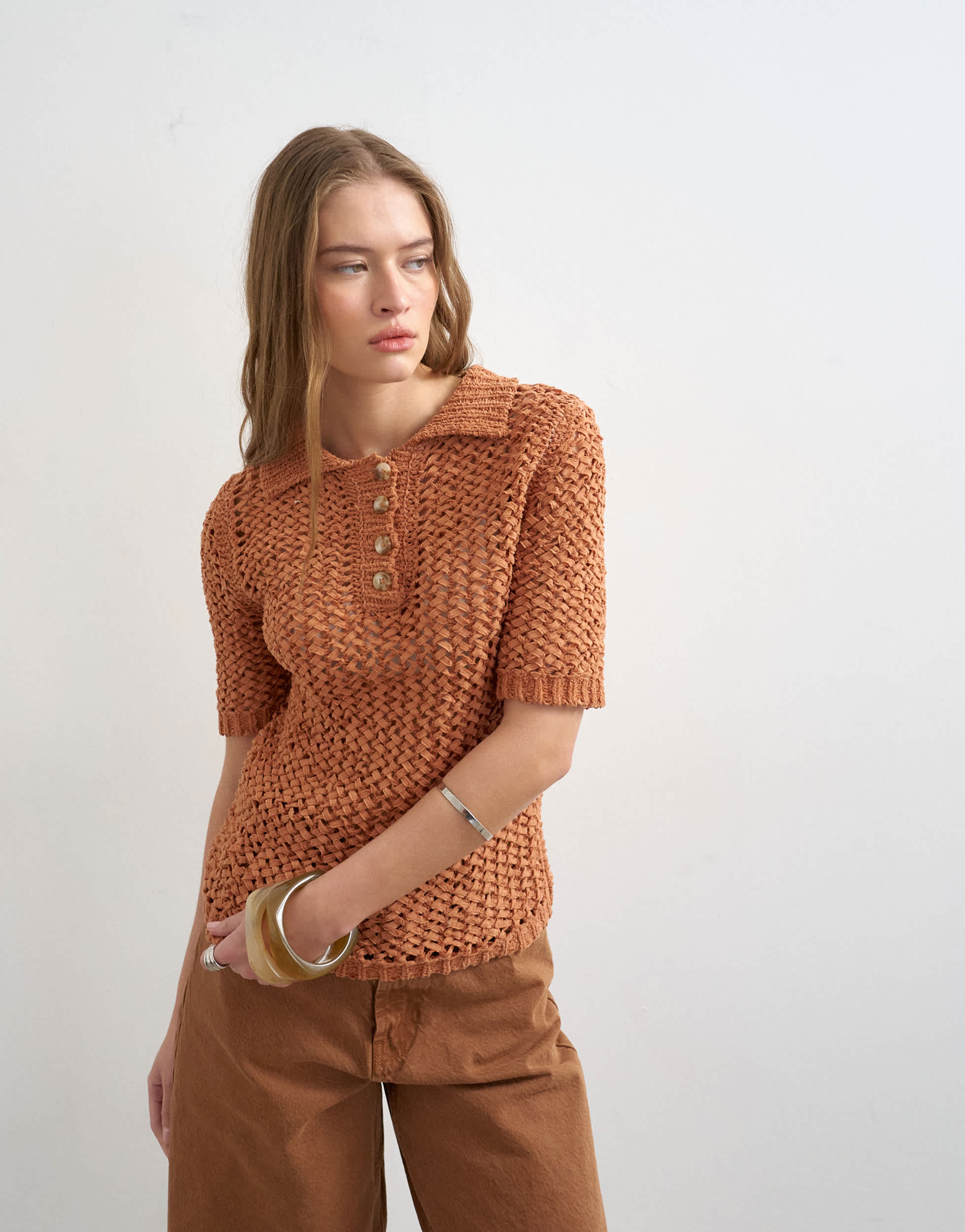 Topshop knitted tape yarn polo in rust