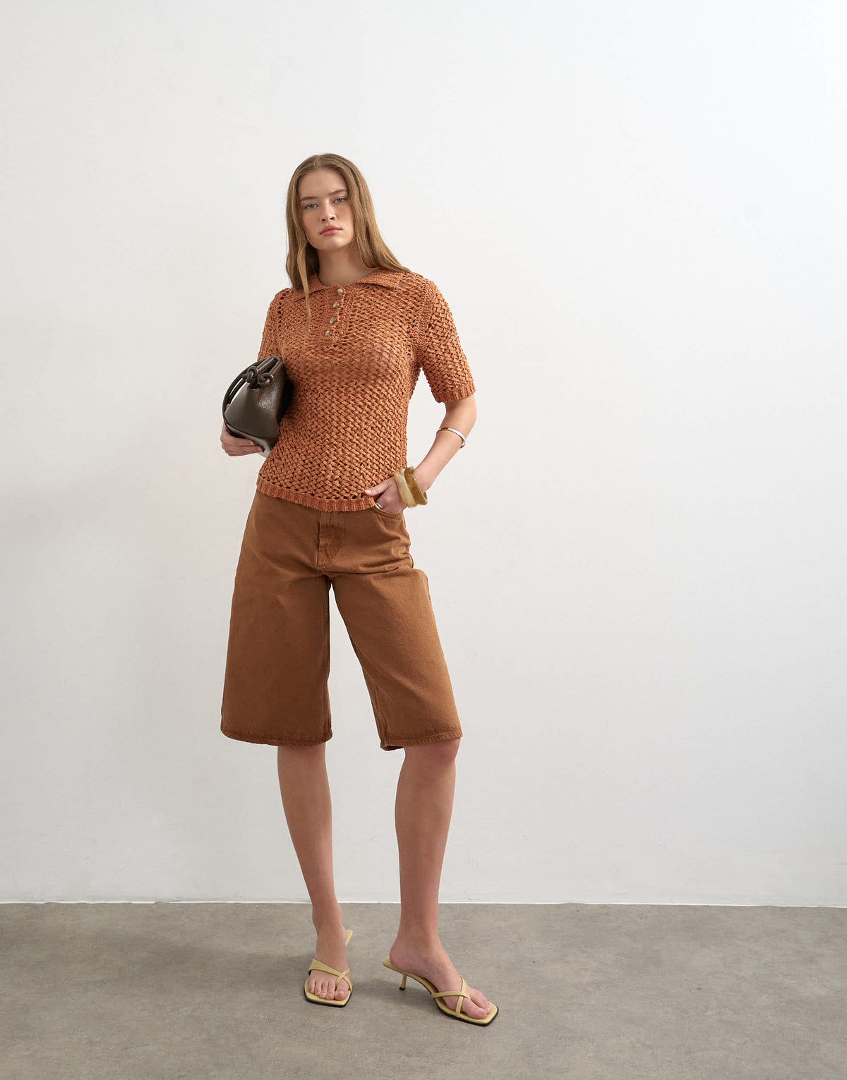 Topshop knitted tape yarn polo in rust