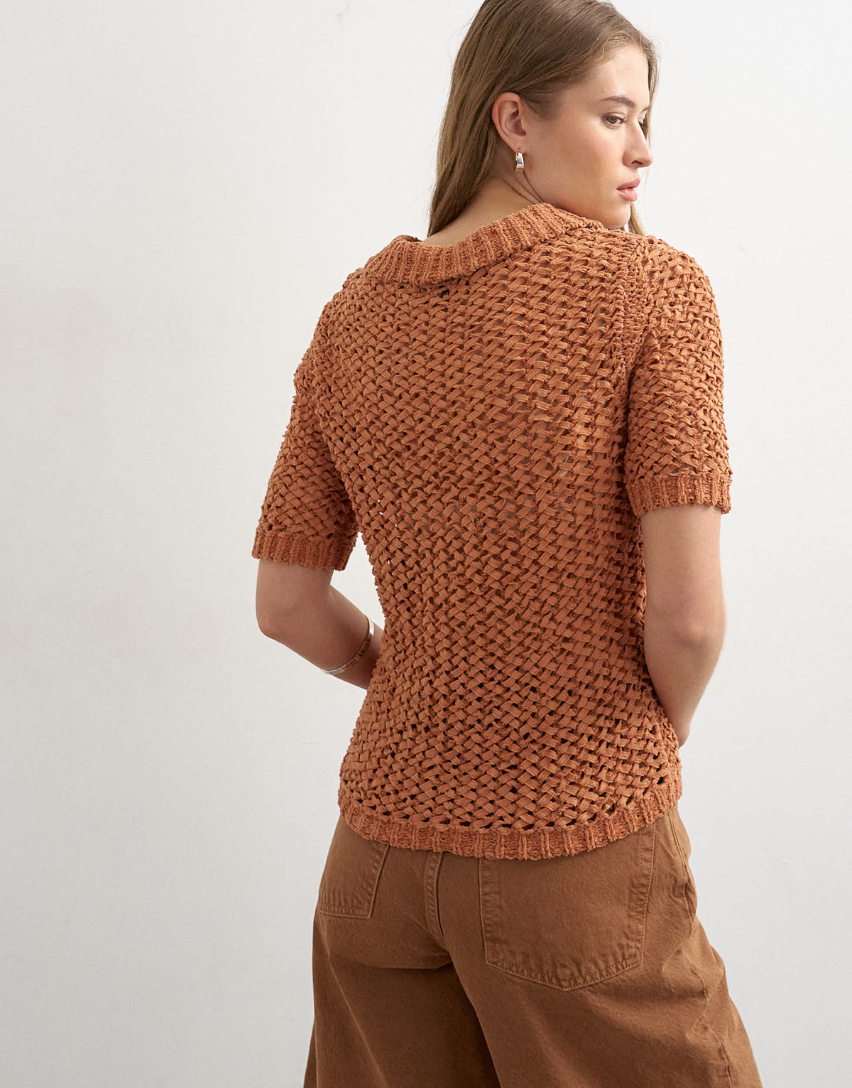 Topshop knitted tape yarn polo in rust