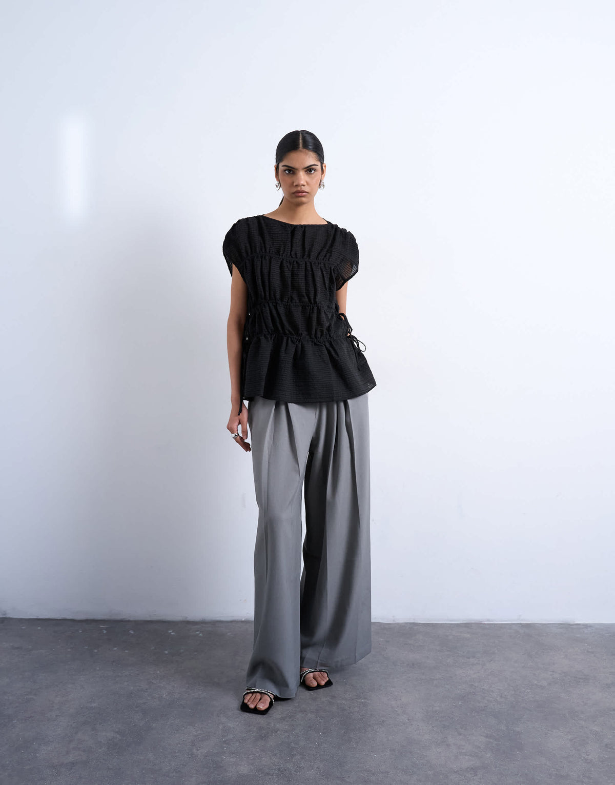 Topshop short sleeve channelled tie side top in black