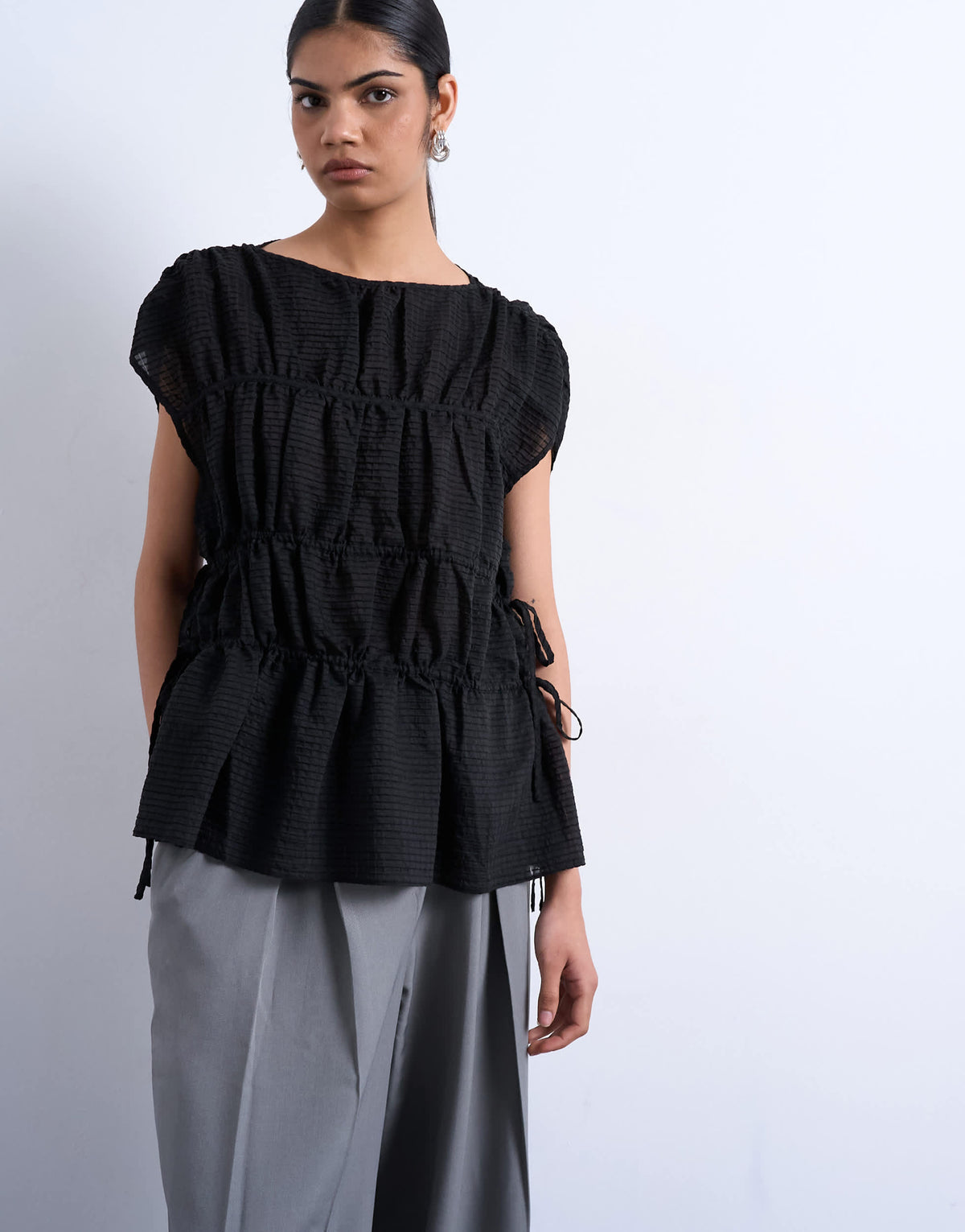 Topshop short sleeve channelled tie side top in black
