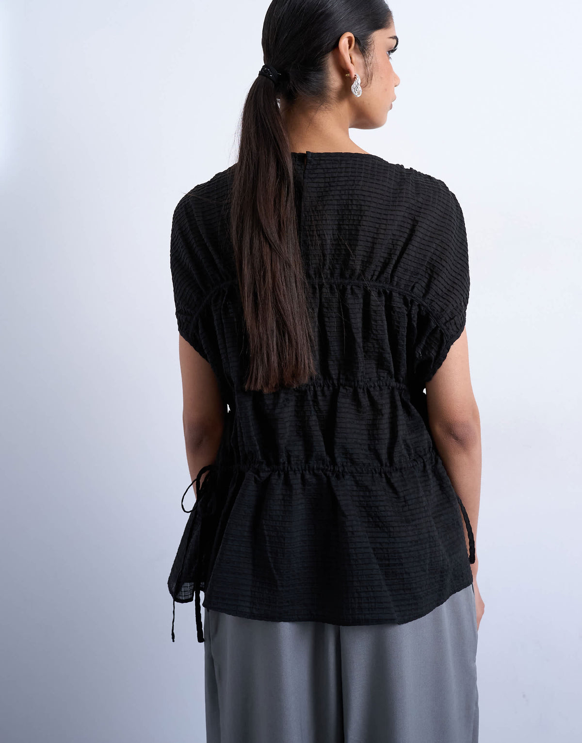 Topshop short sleeve channelled tie side top in black
