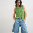 Topshop knitted textured tie front waistcoat in green