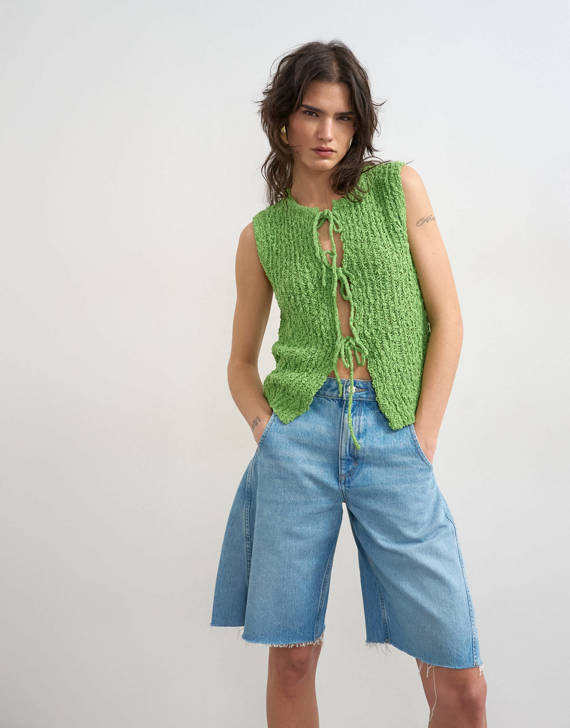 Topshop knitted textured tie front waistcoat in green