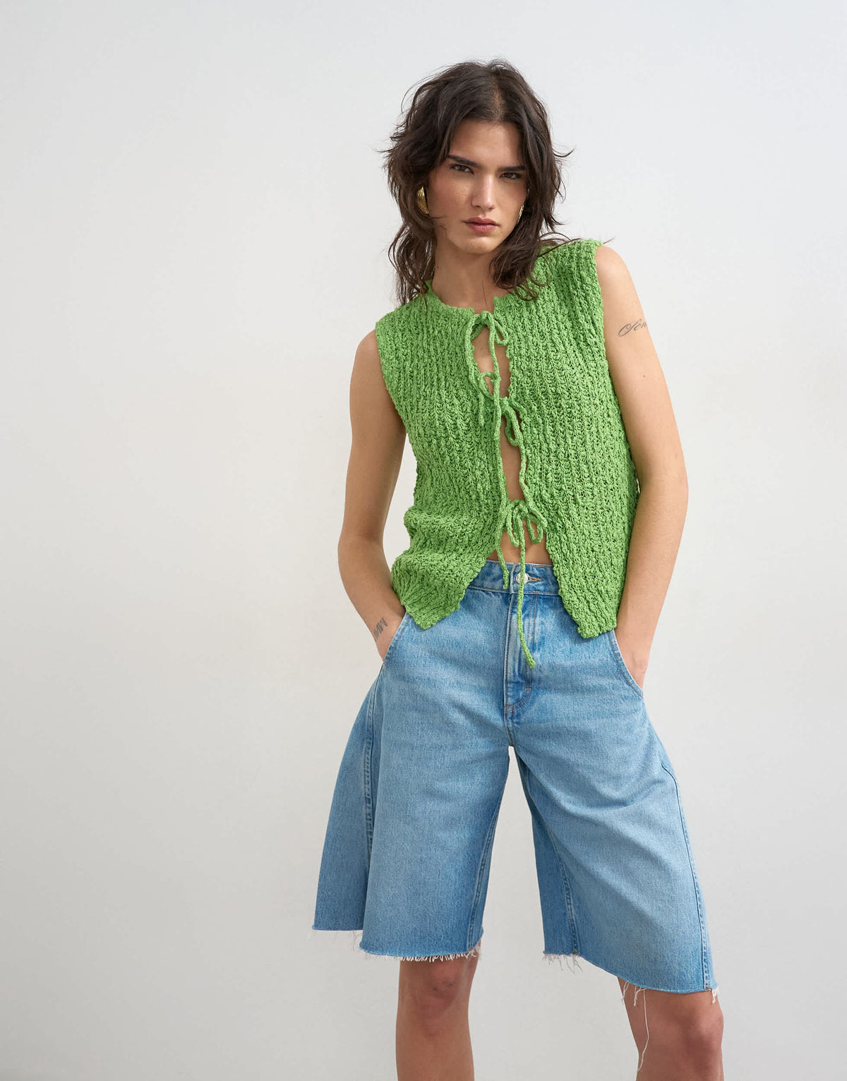 Topshop knitted textured tie front waistcoat in green