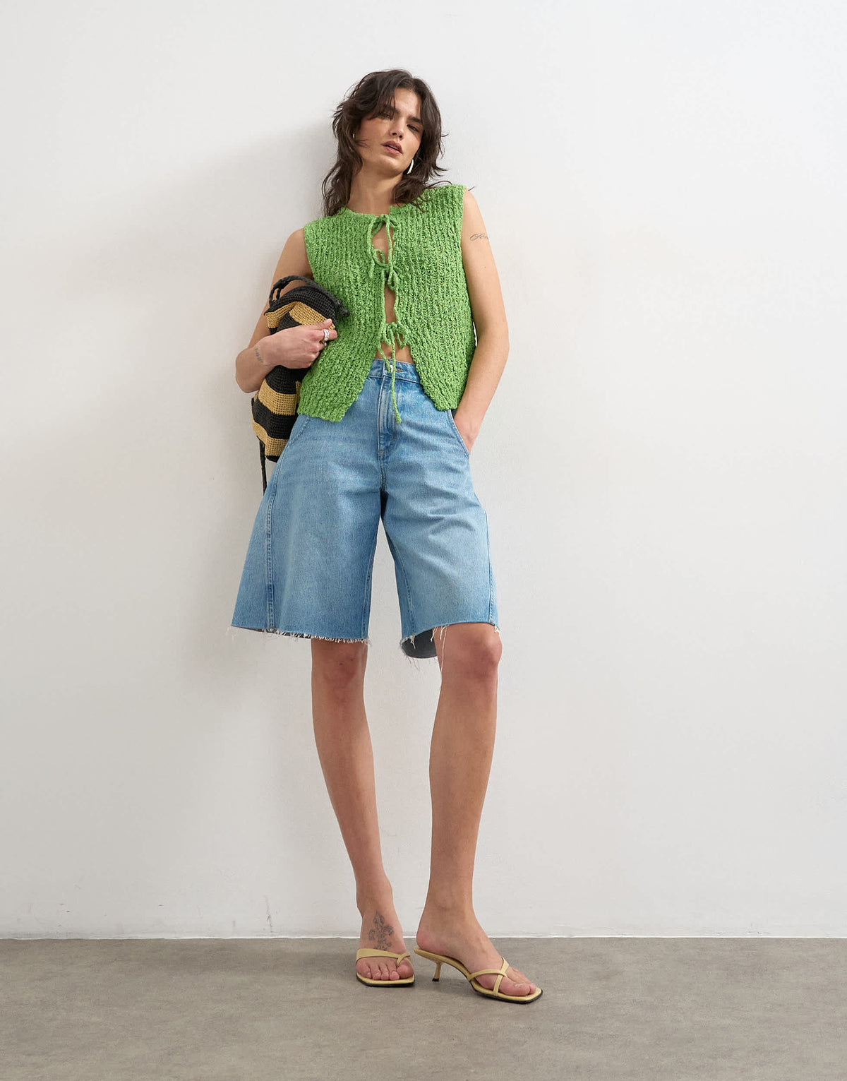 Topshop knitted textured tie front waistcoat in green