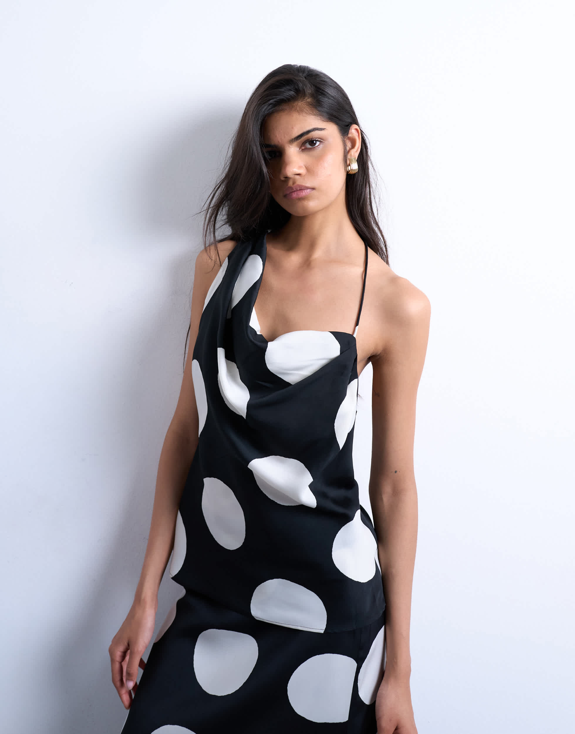 Topshop co-ord one shoulder satin top in large mono spot