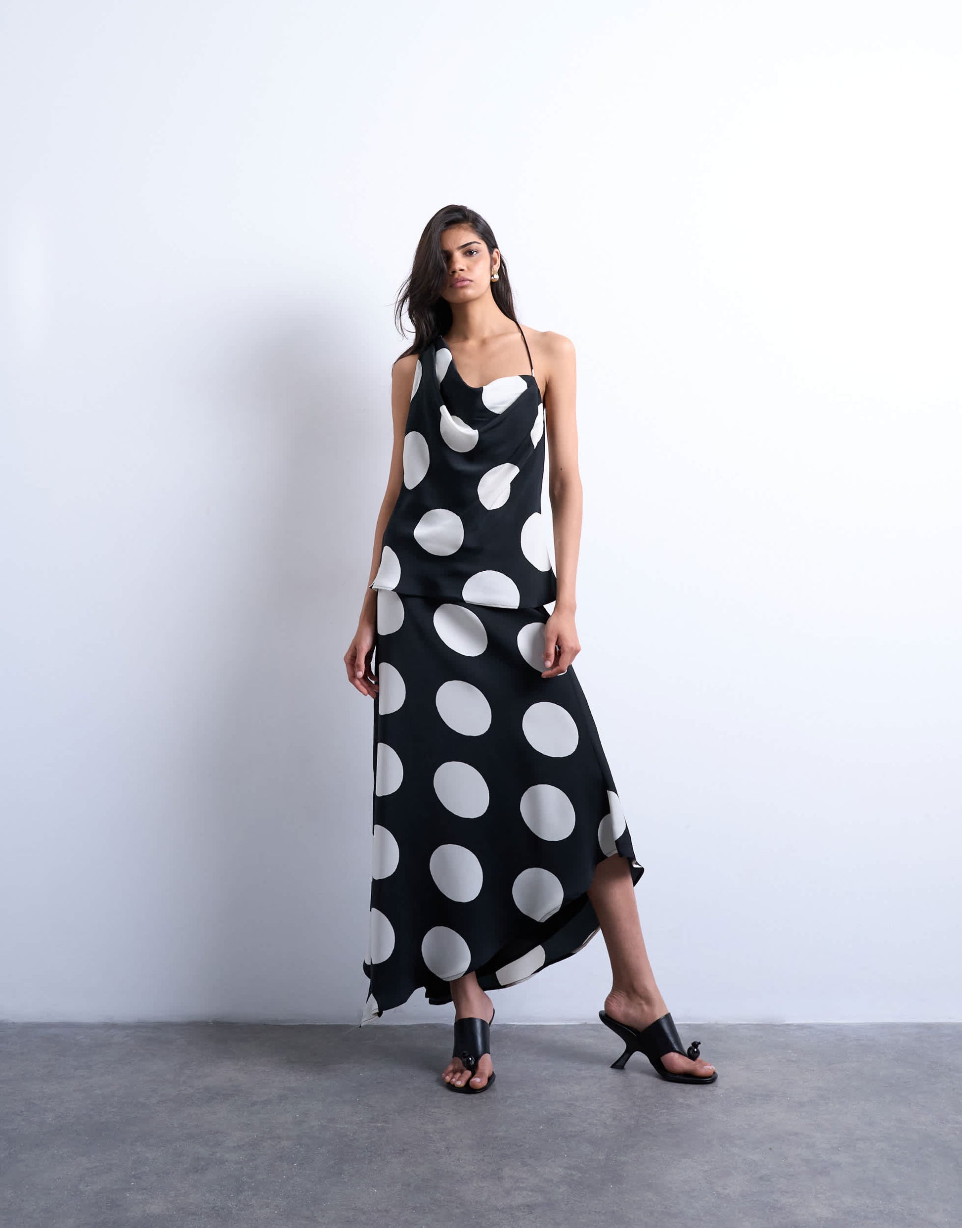 Topshop co-ord one shoulder satin top in large mono spot