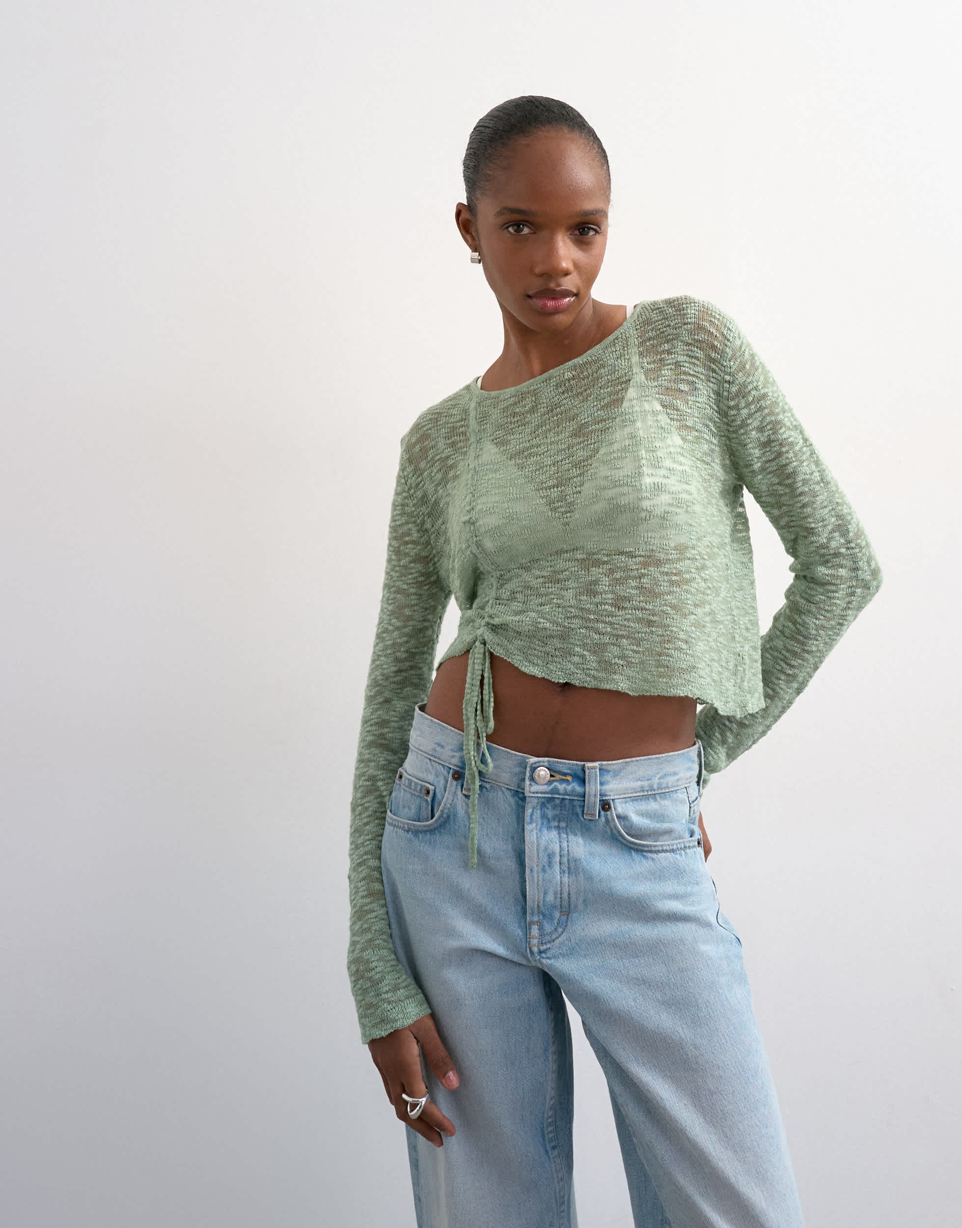 Topshop knitted fine long sleeve ruched top in sage