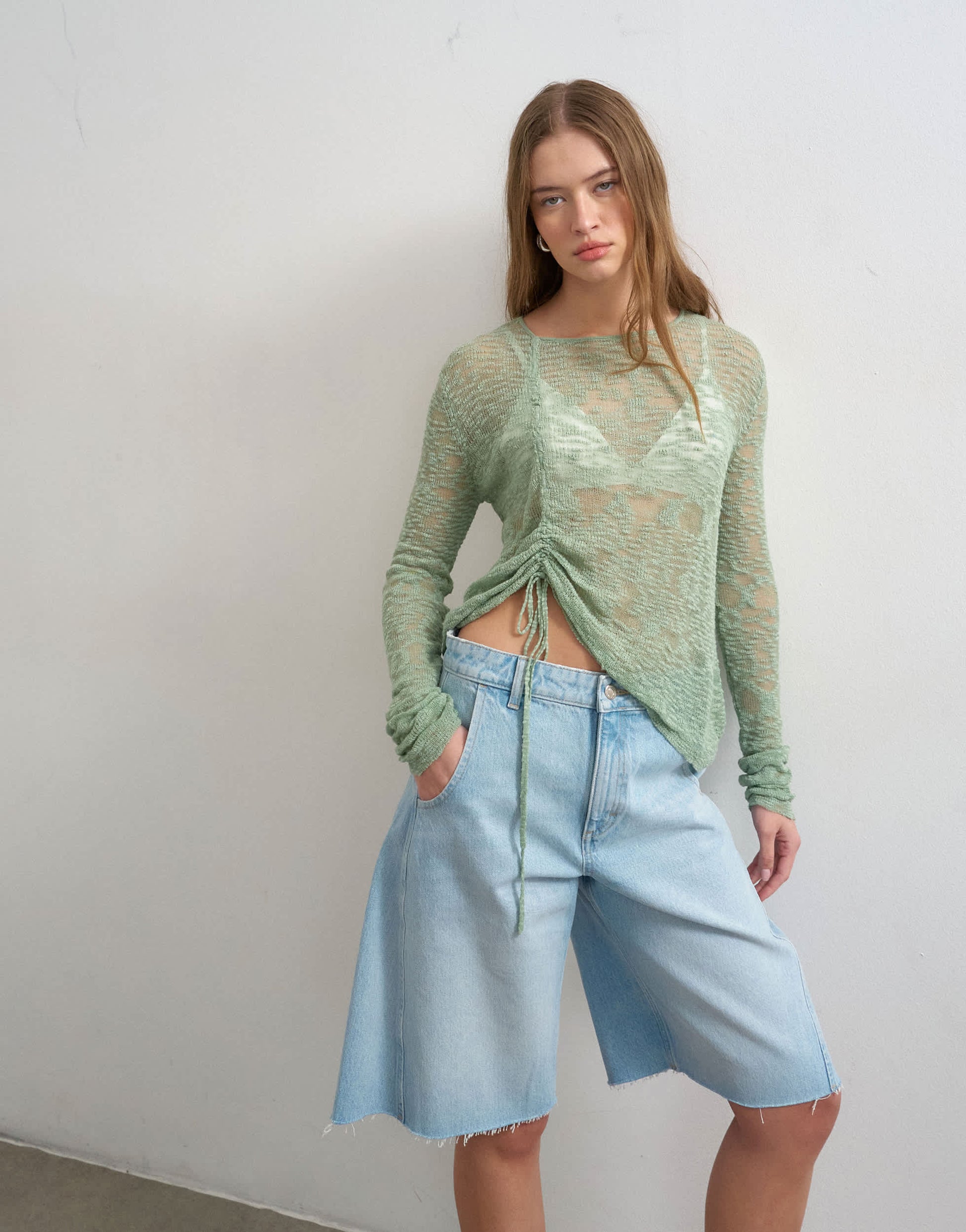 Topshop knitted fine long sleeve ruched top in sage