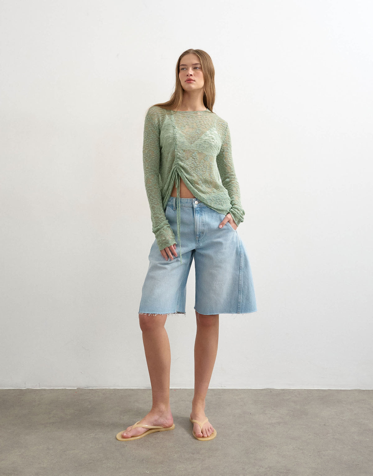 Topshop knitted fine long sleeve ruched top in sage