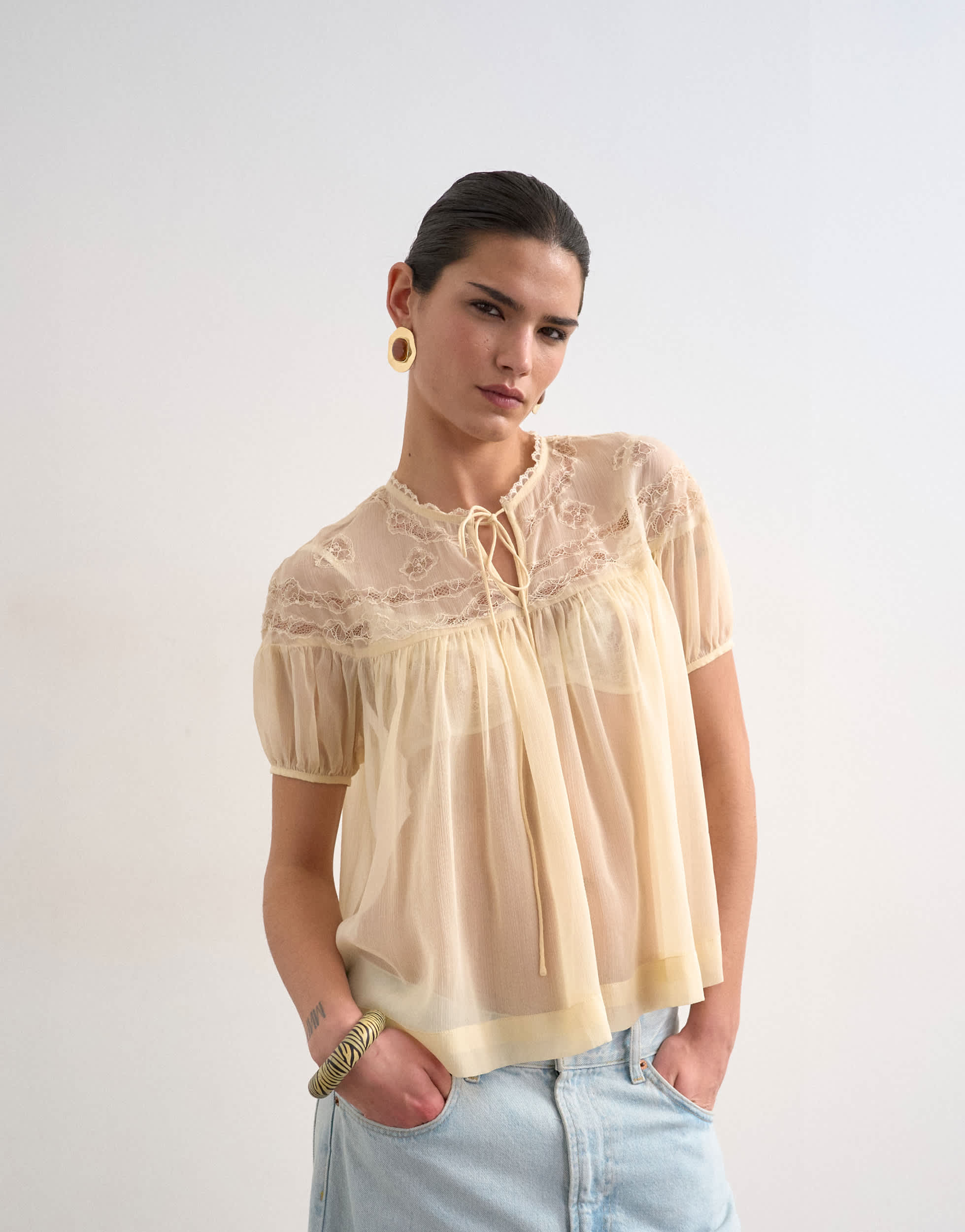 Topshop lace detail short sleeve top with tie in ivory