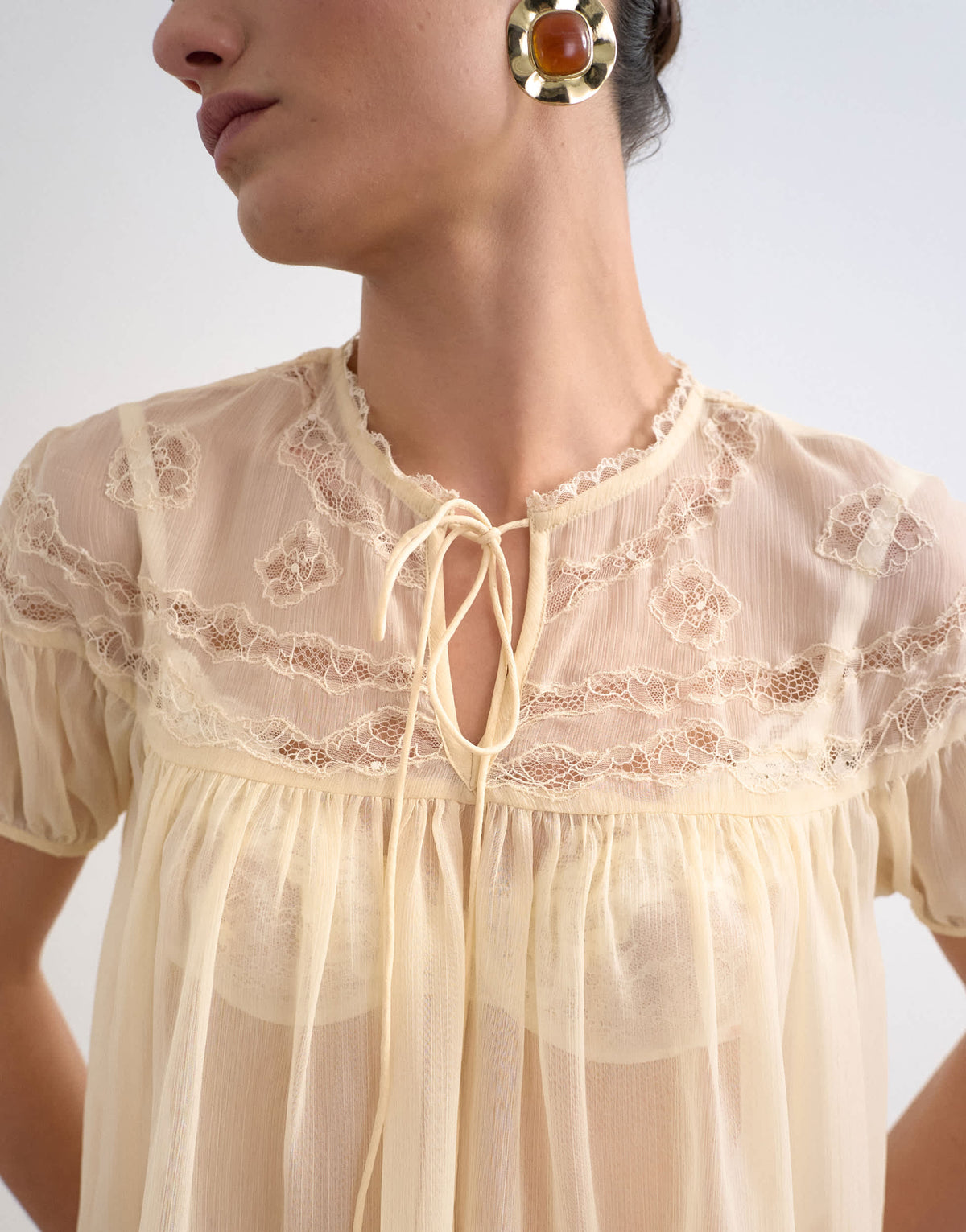 Topshop lace detail short sleeve top with tie in ivory