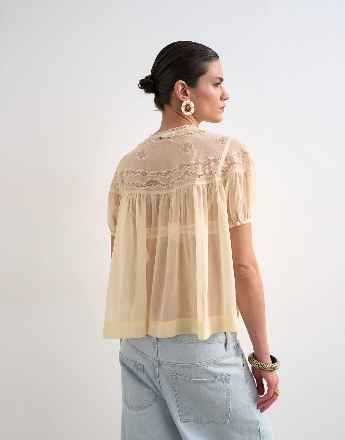 Topshop lace detail short sleeve top with tie in ivory