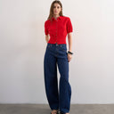 Topshop fine knitted cinch waist polo in red
