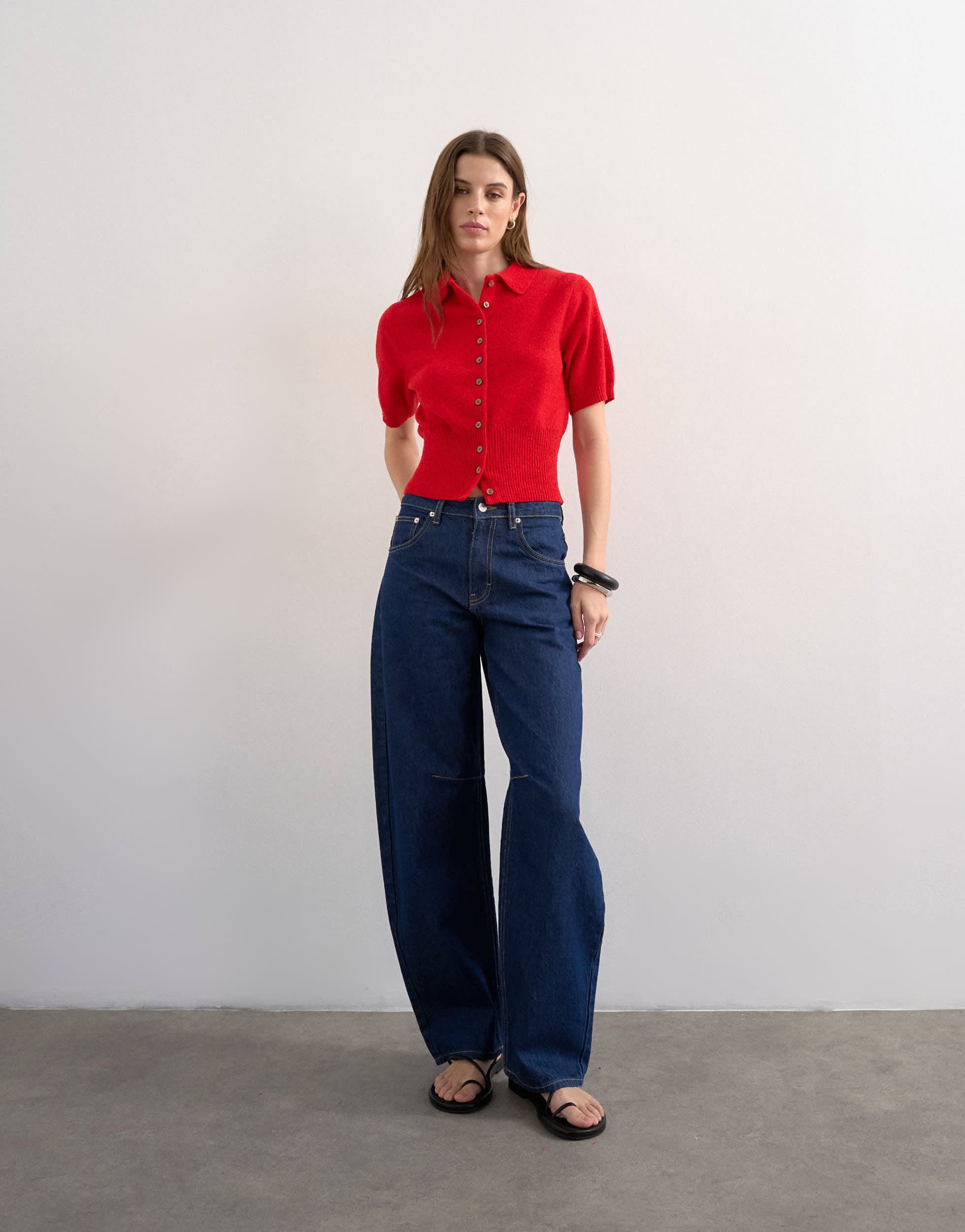 Topshop fine knitted cinch waist polo in red