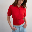 Topshop fine knitted towelling cinch waist polo in red