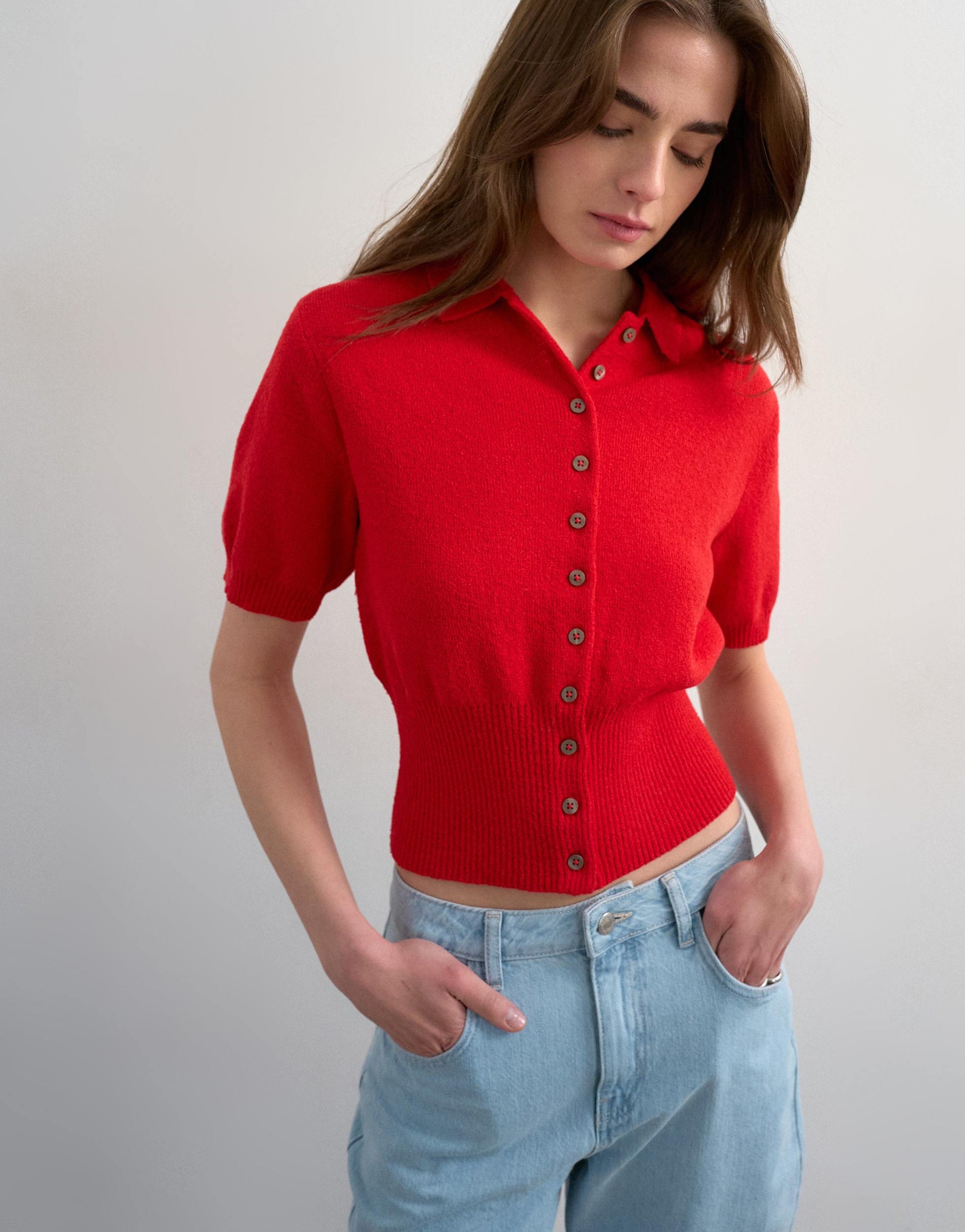 Topshop fine knitted towelling cinch waist polo in red