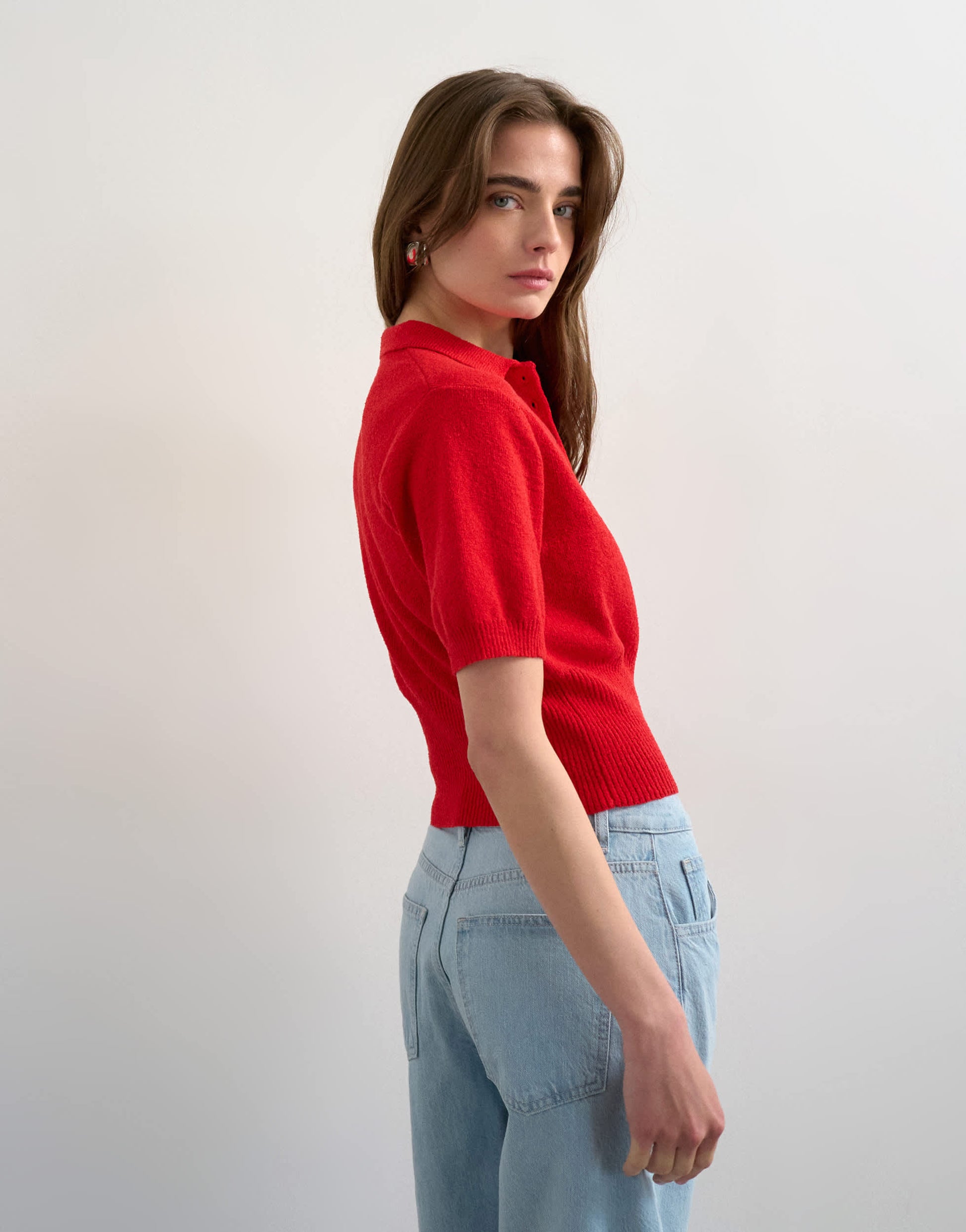Topshop fine knitted towelling cinch waist polo in red