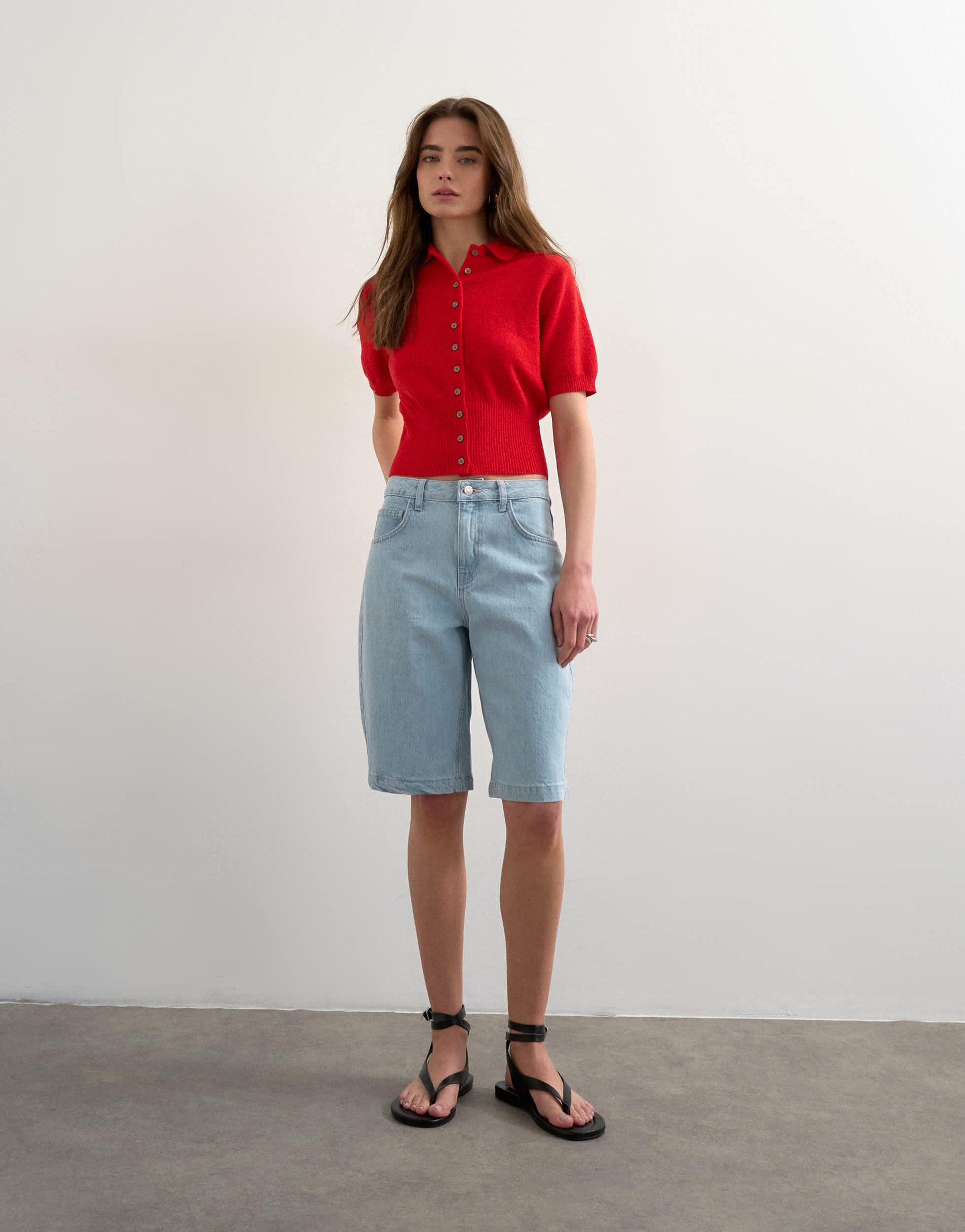 Topshop fine knitted towelling cinch waist polo in red