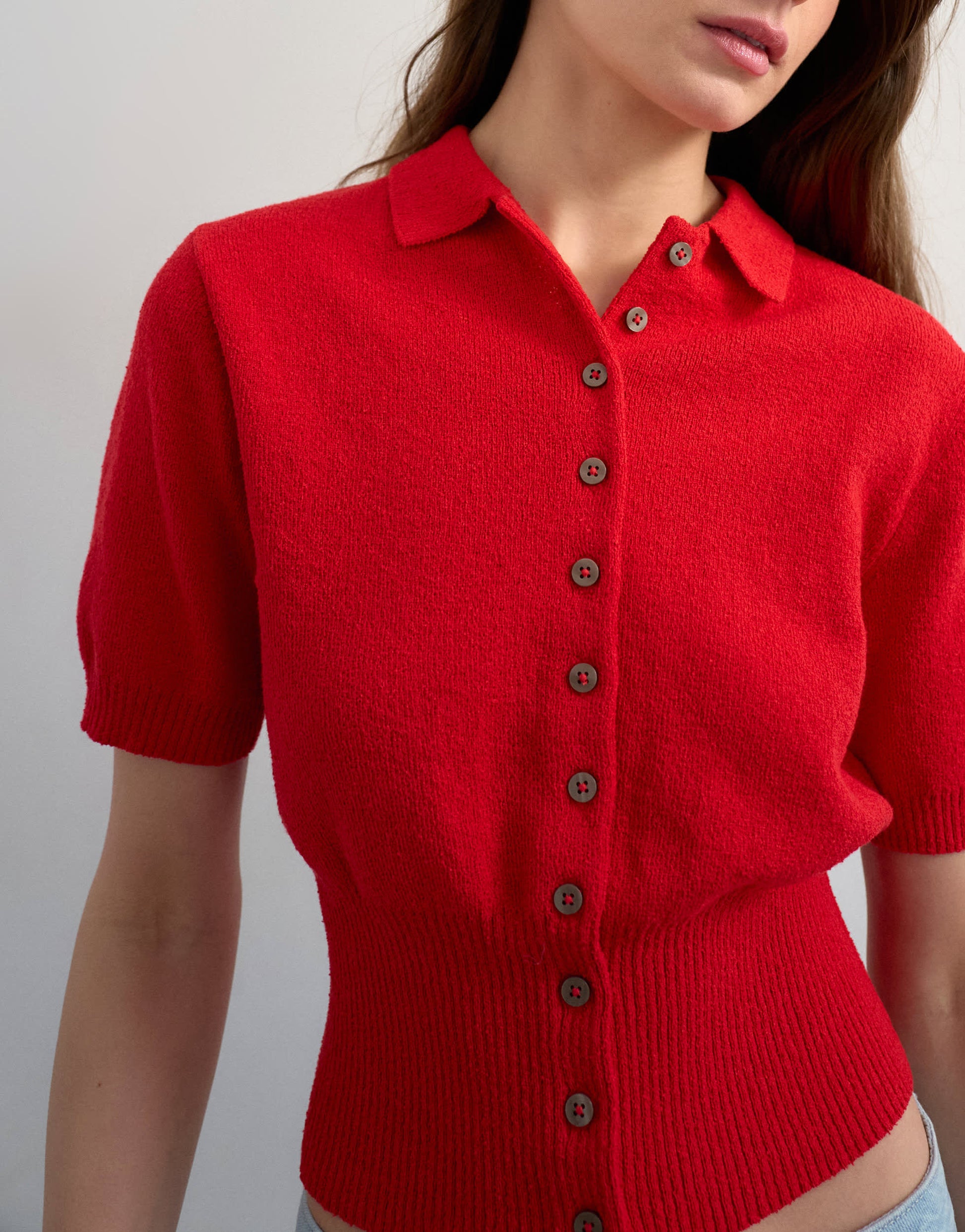 Topshop fine knitted towelling cinch waist polo in red