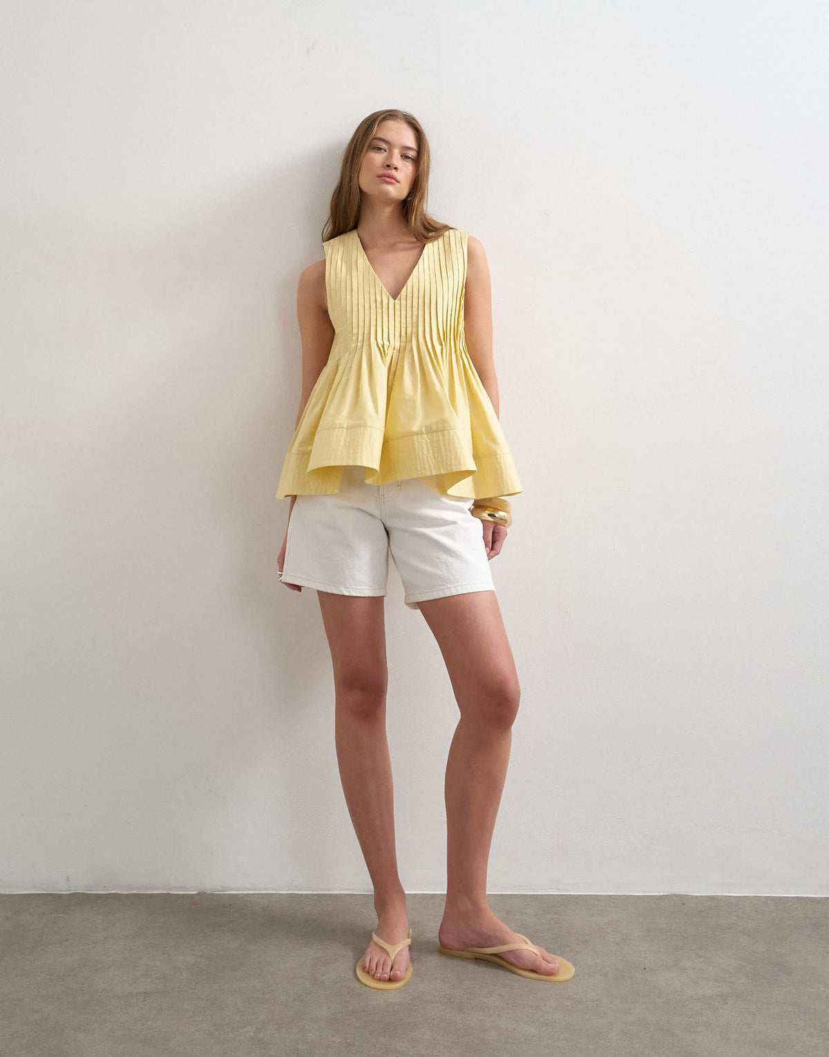Topshop v neck pintuck detail a line top in lemon yellow