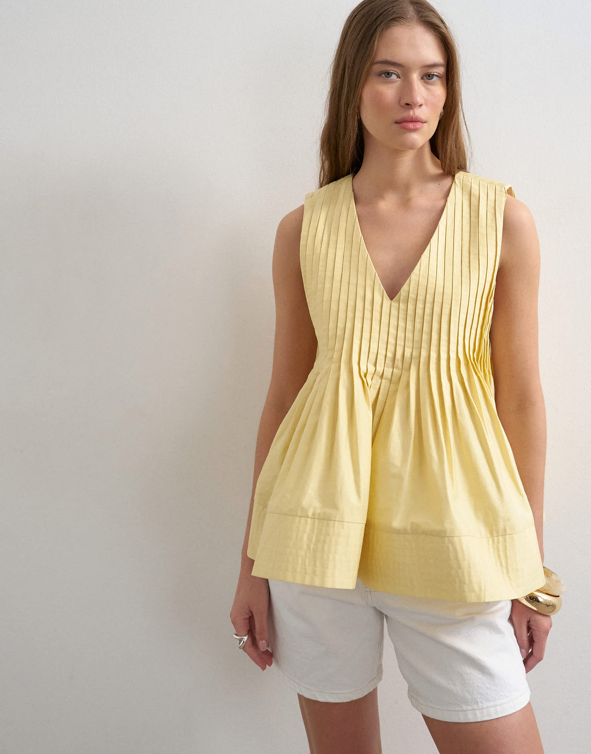Topshop v neck pintuck detail a line top in lemon yellow