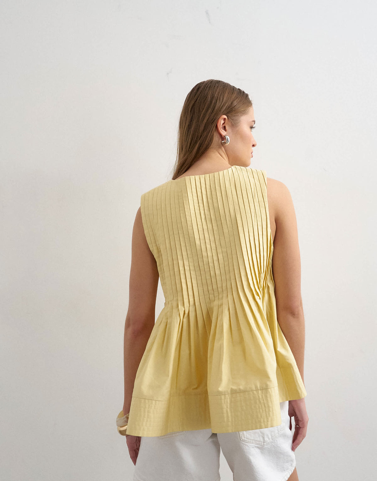 Topshop v neck pintuck detail a line top in lemon yellow