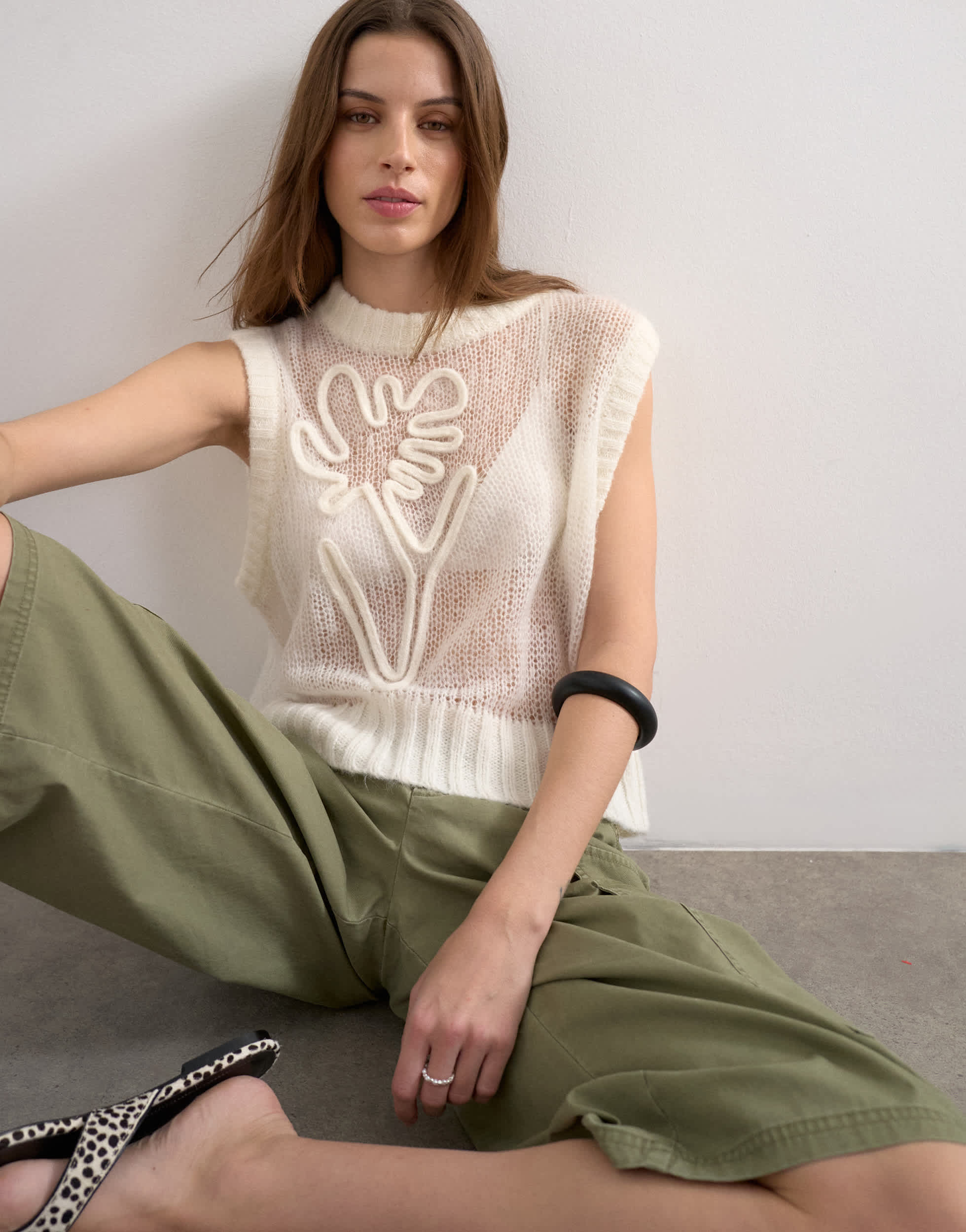 Topshop knitted sheer embroidered floral vest in ivory