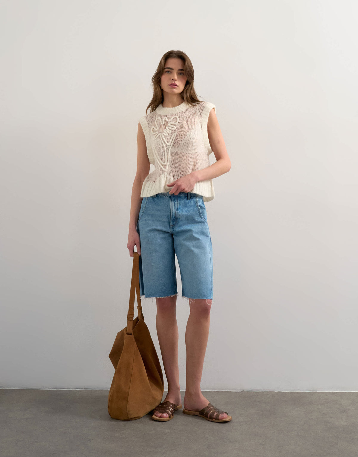 Topshop knitted sheer embroidered floral vest in ivory