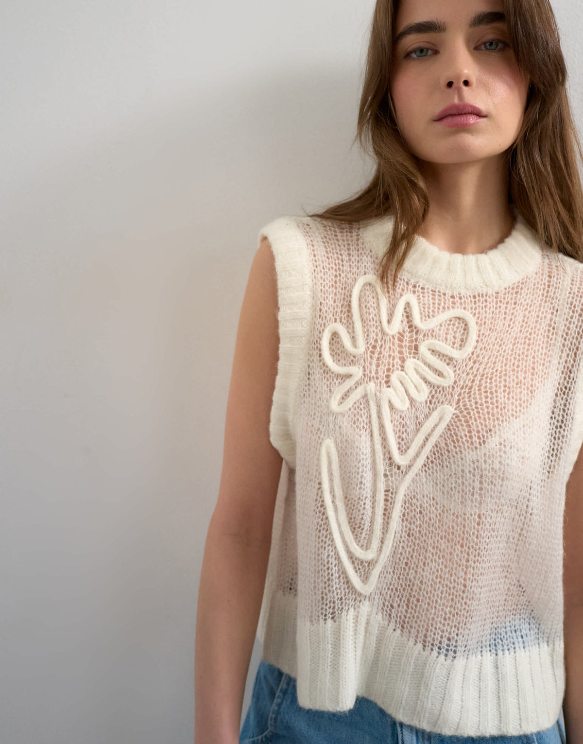 Topshop knitted sheer embroidered floral vest in ivory