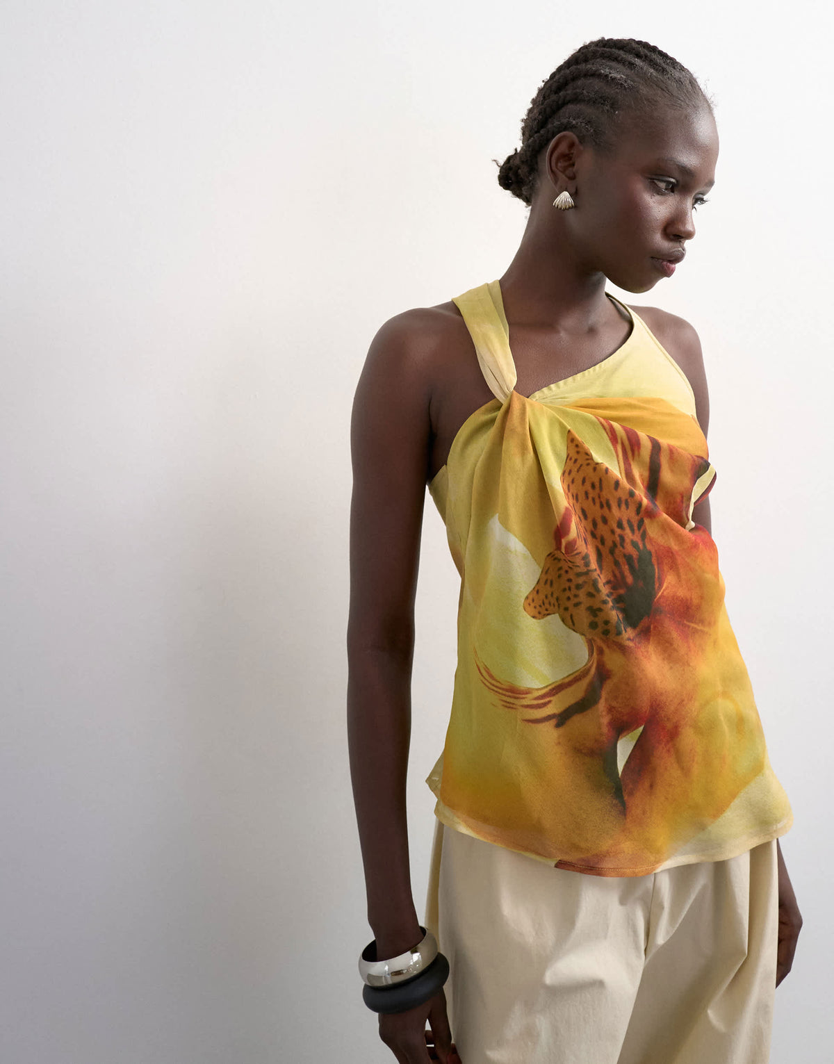 Topshop draped knot shoulder detail top in large yellow floral