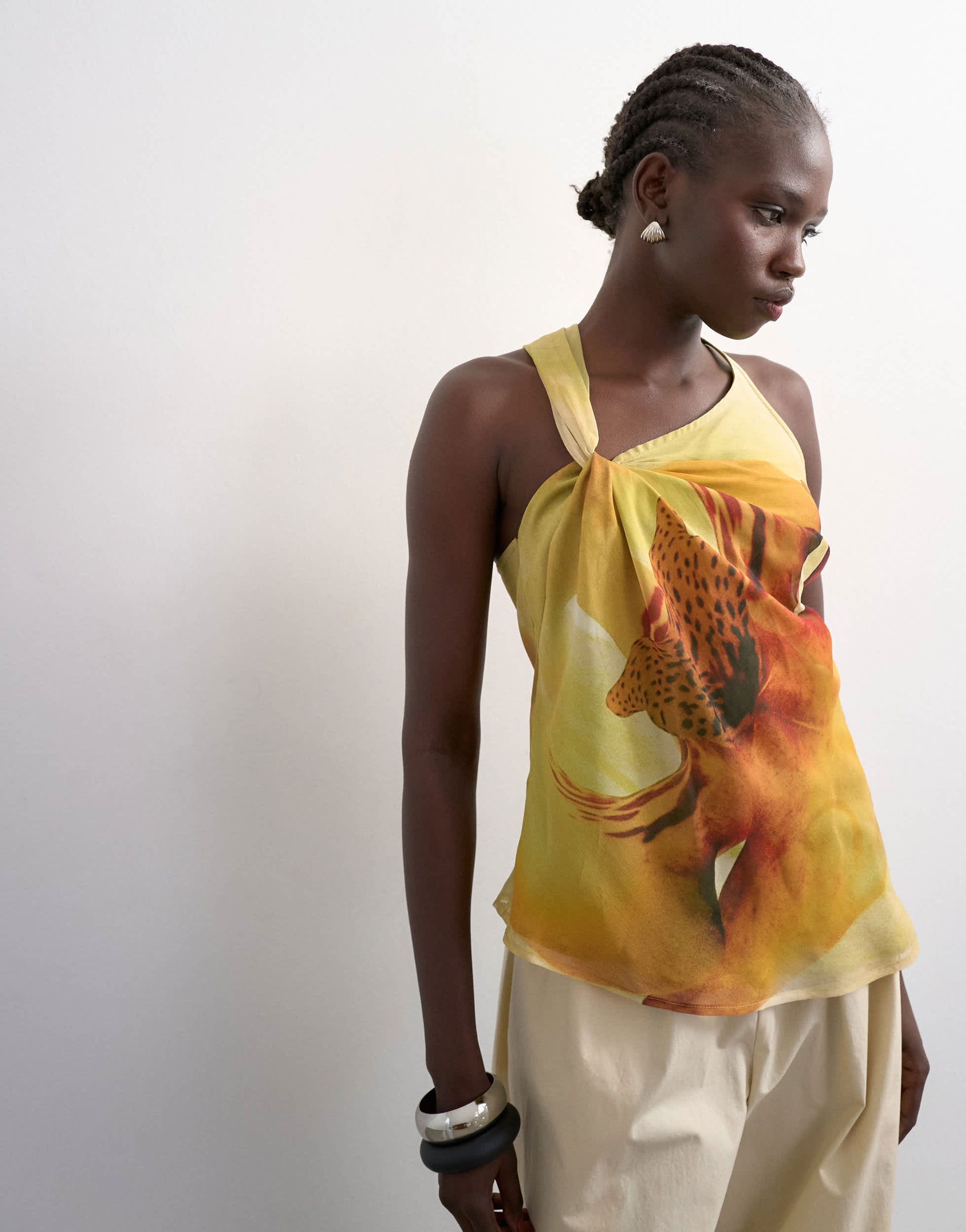 Topshop draped knot shoulder detail top in large yellow floral