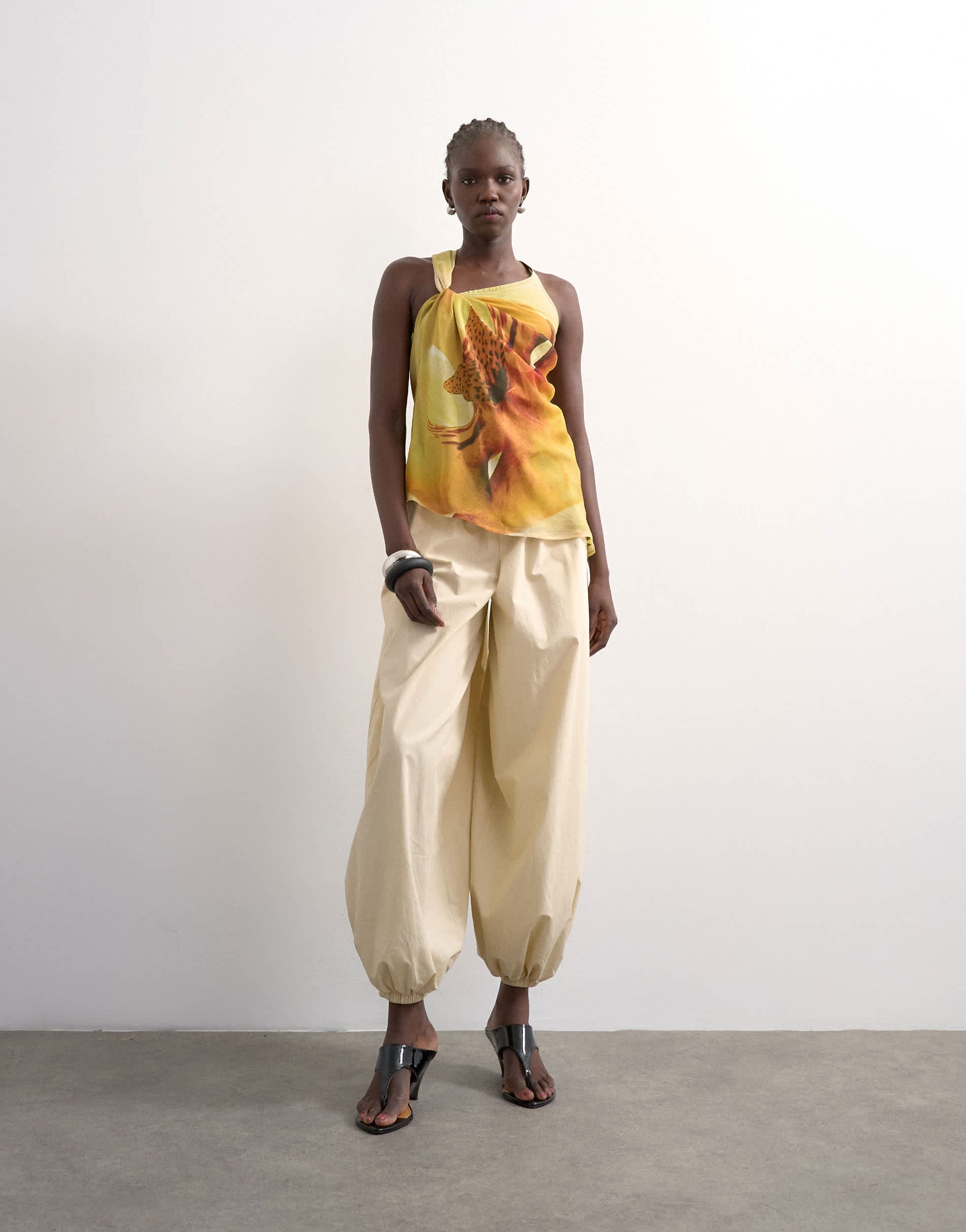 Topshop draped knot shoulder detail top in large yellow floral