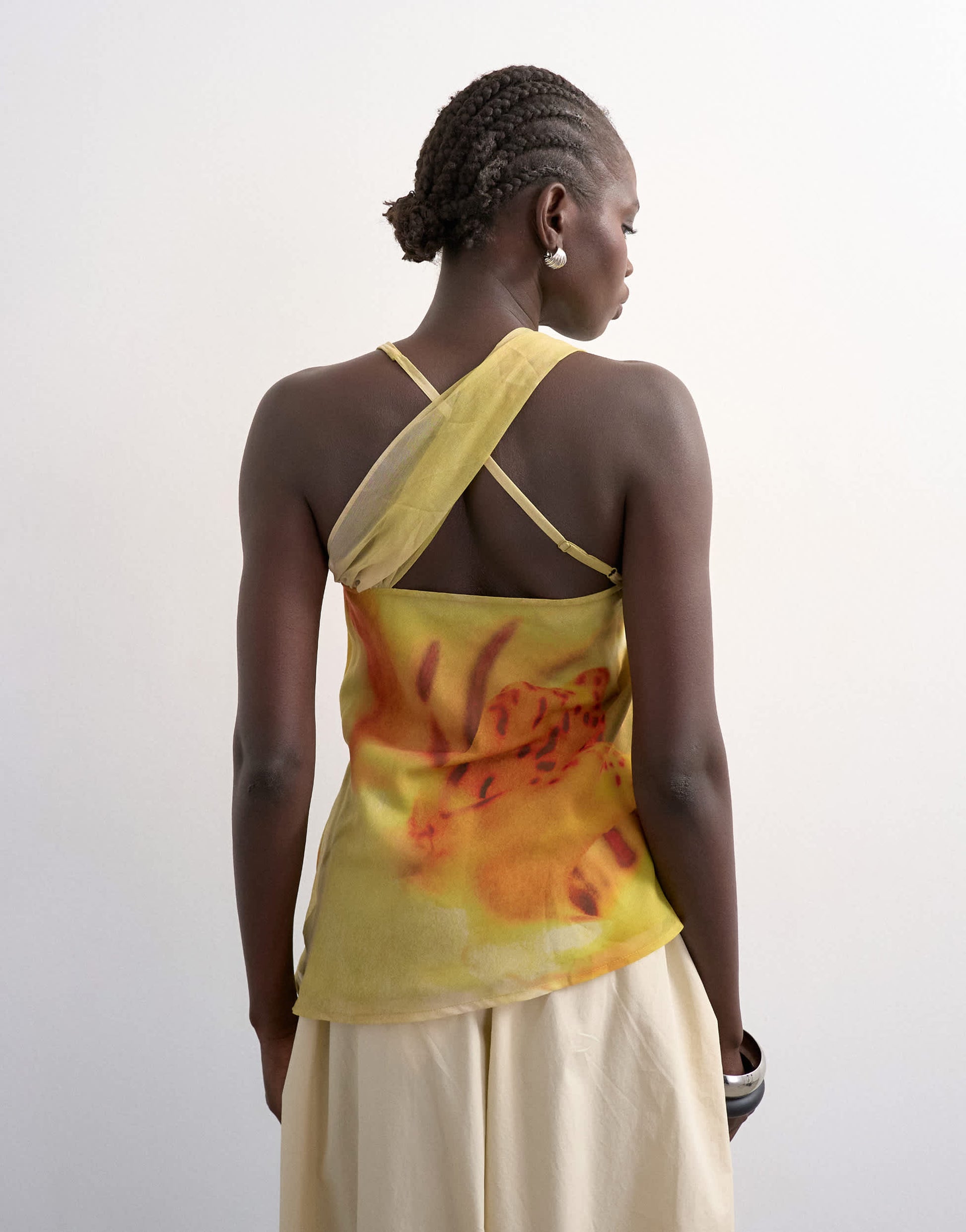 Topshop draped knot shoulder detail top in large yellow floral
