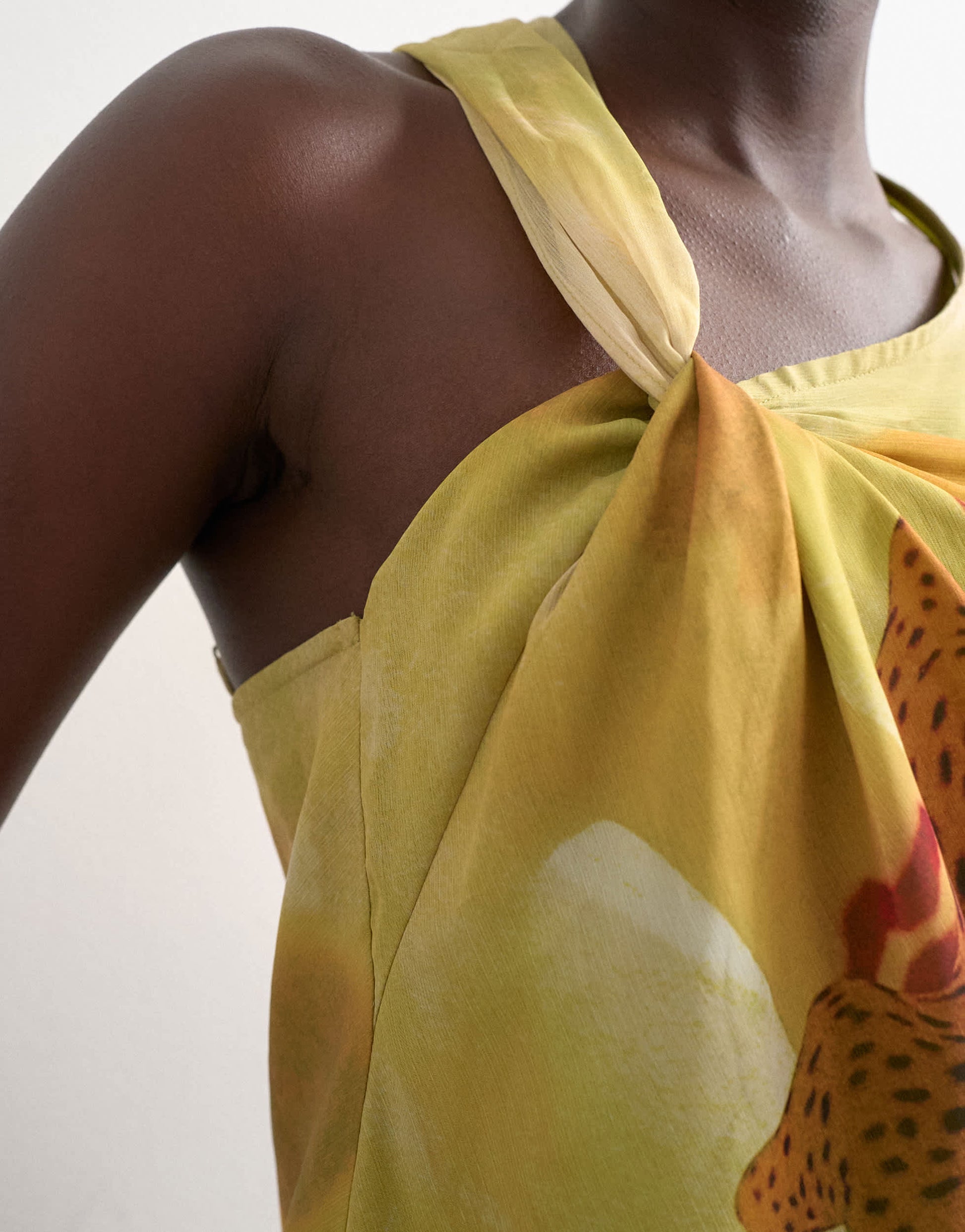 Topshop draped knot shoulder detail top in large yellow floral