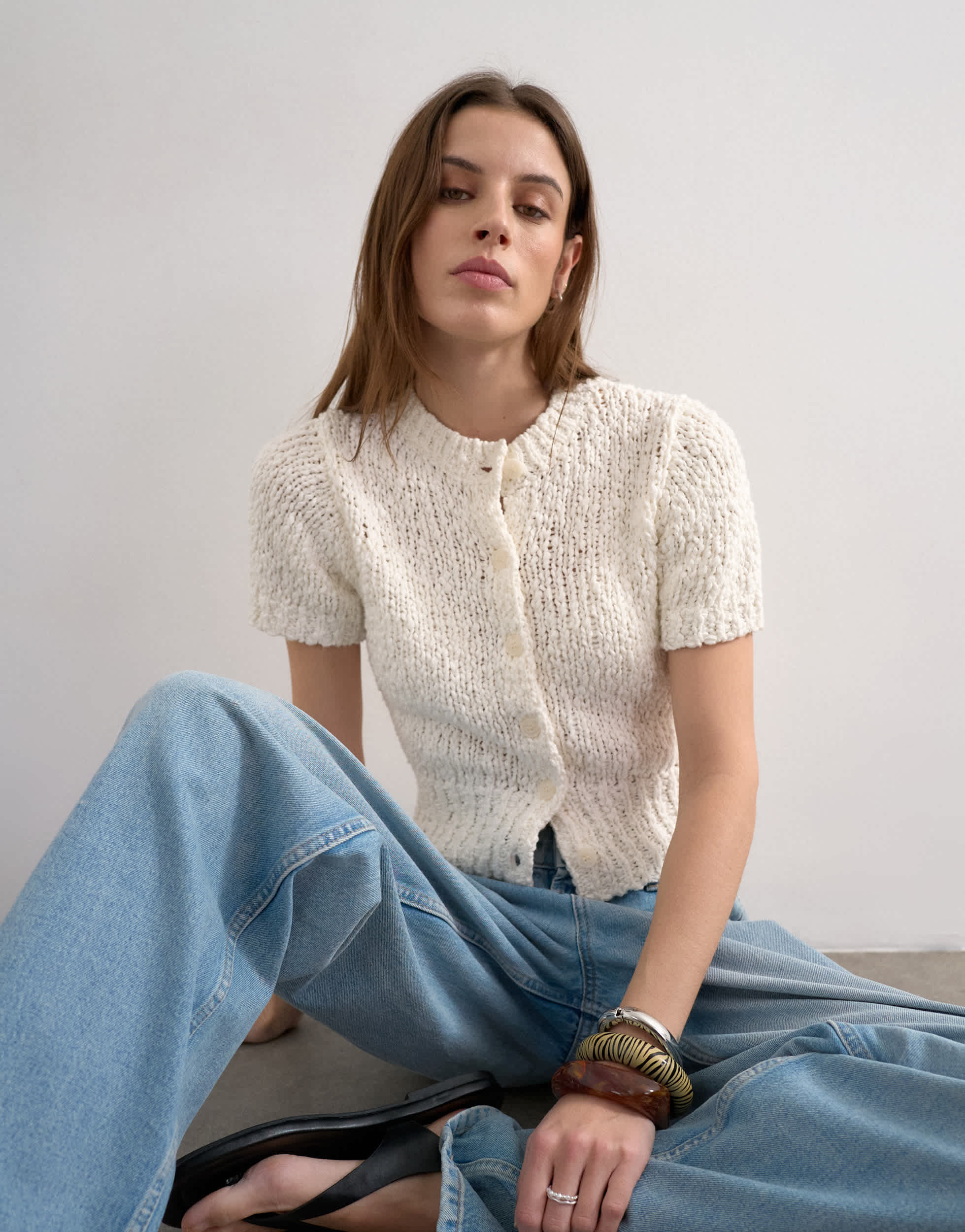 Topshop knitted textured short sleeve cardigan in ivory