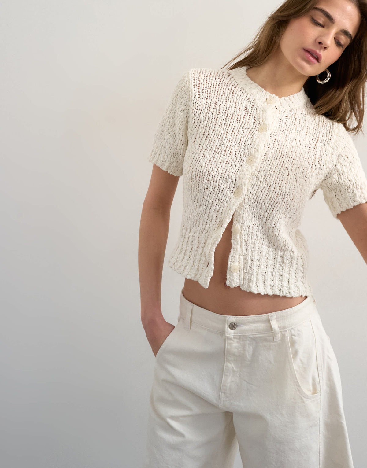 Topshop knitted textured short sleeve cardigan in ivory