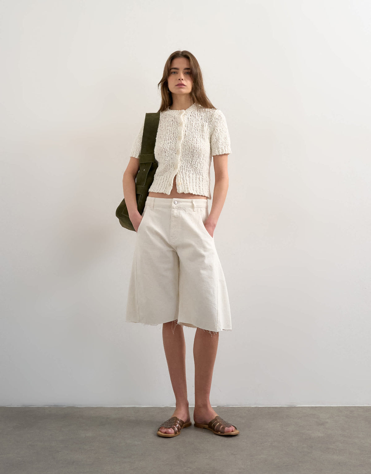 Topshop knitted textured short sleeve cardigan in ivory