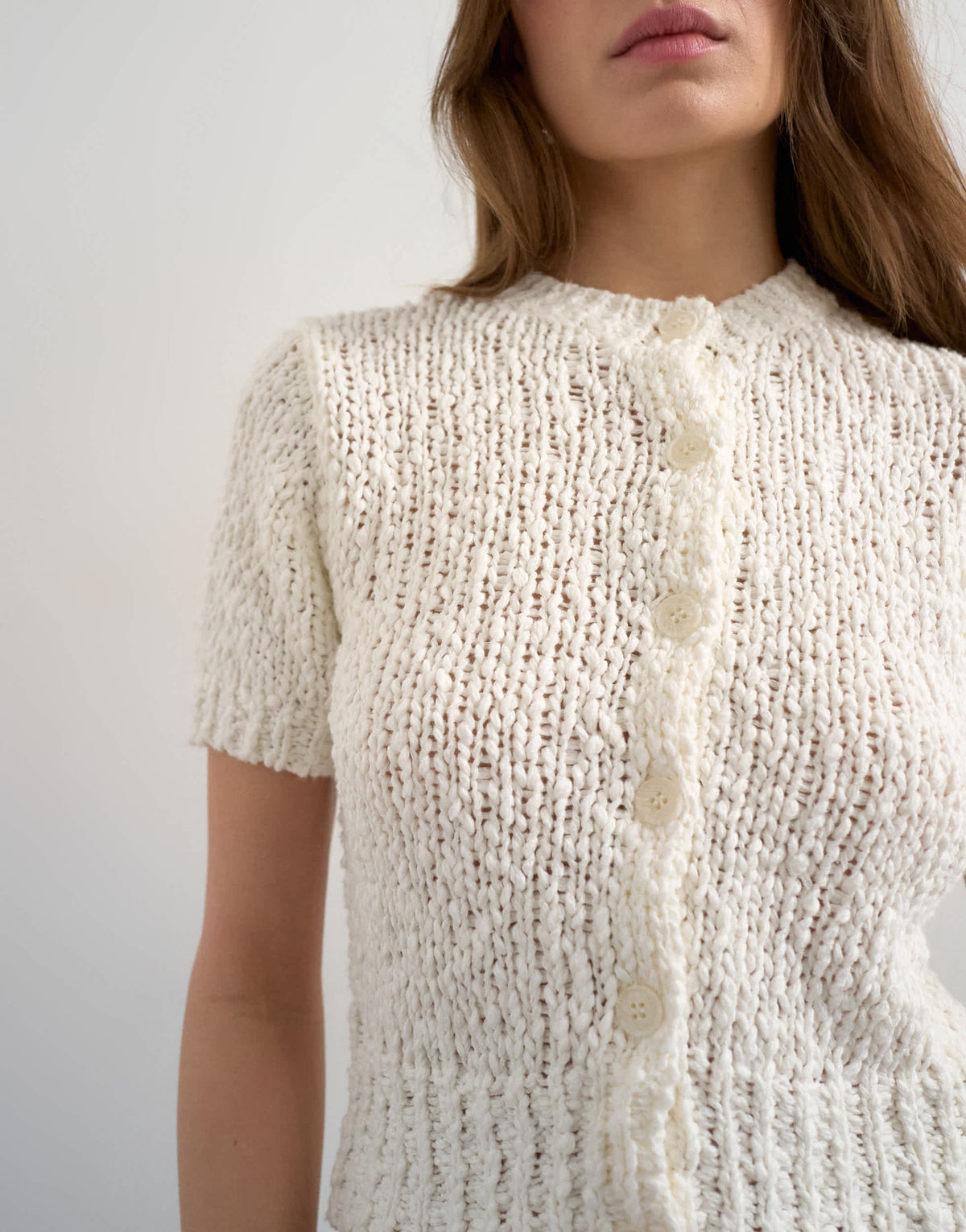 Topshop knitted textured short sleeve cardigan in ivory