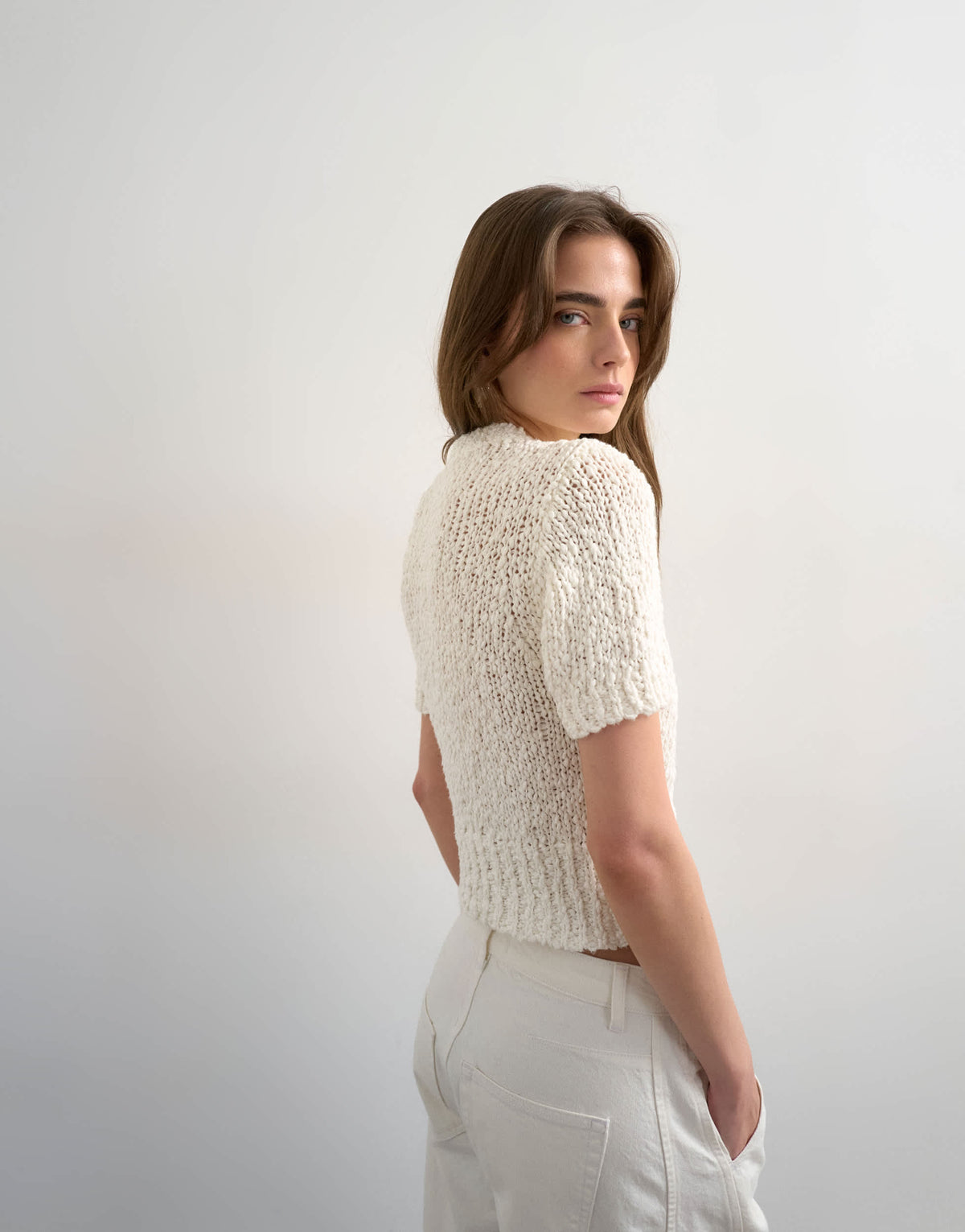 Topshop knitted textured short sleeve cardigan in ivory