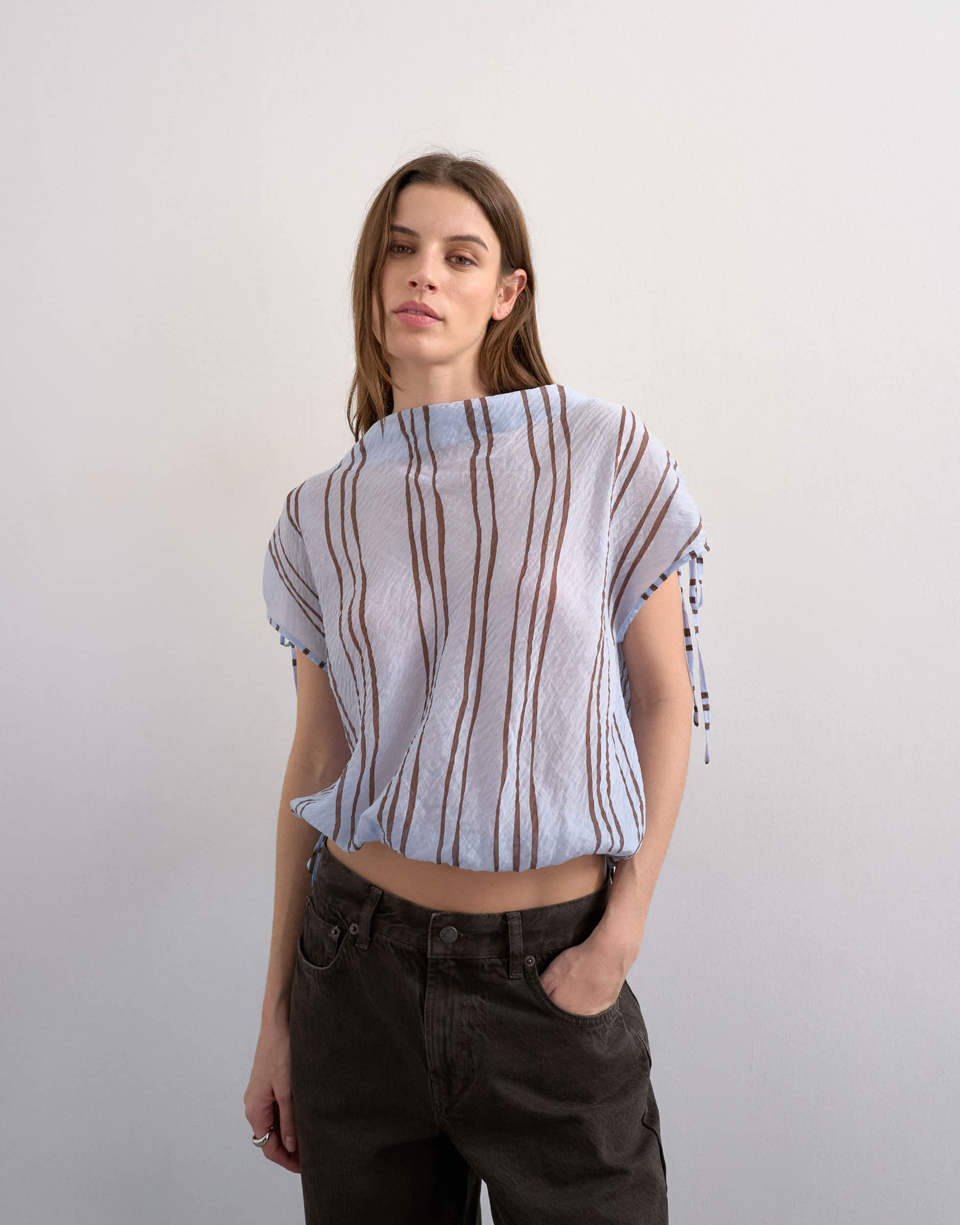 Topshop draped high neck top with tie in blue stripe