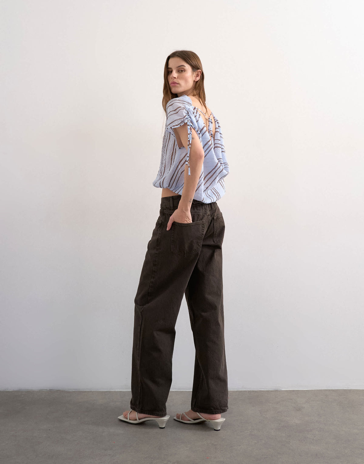 Topshop draped high neck top with tie in blue stripe