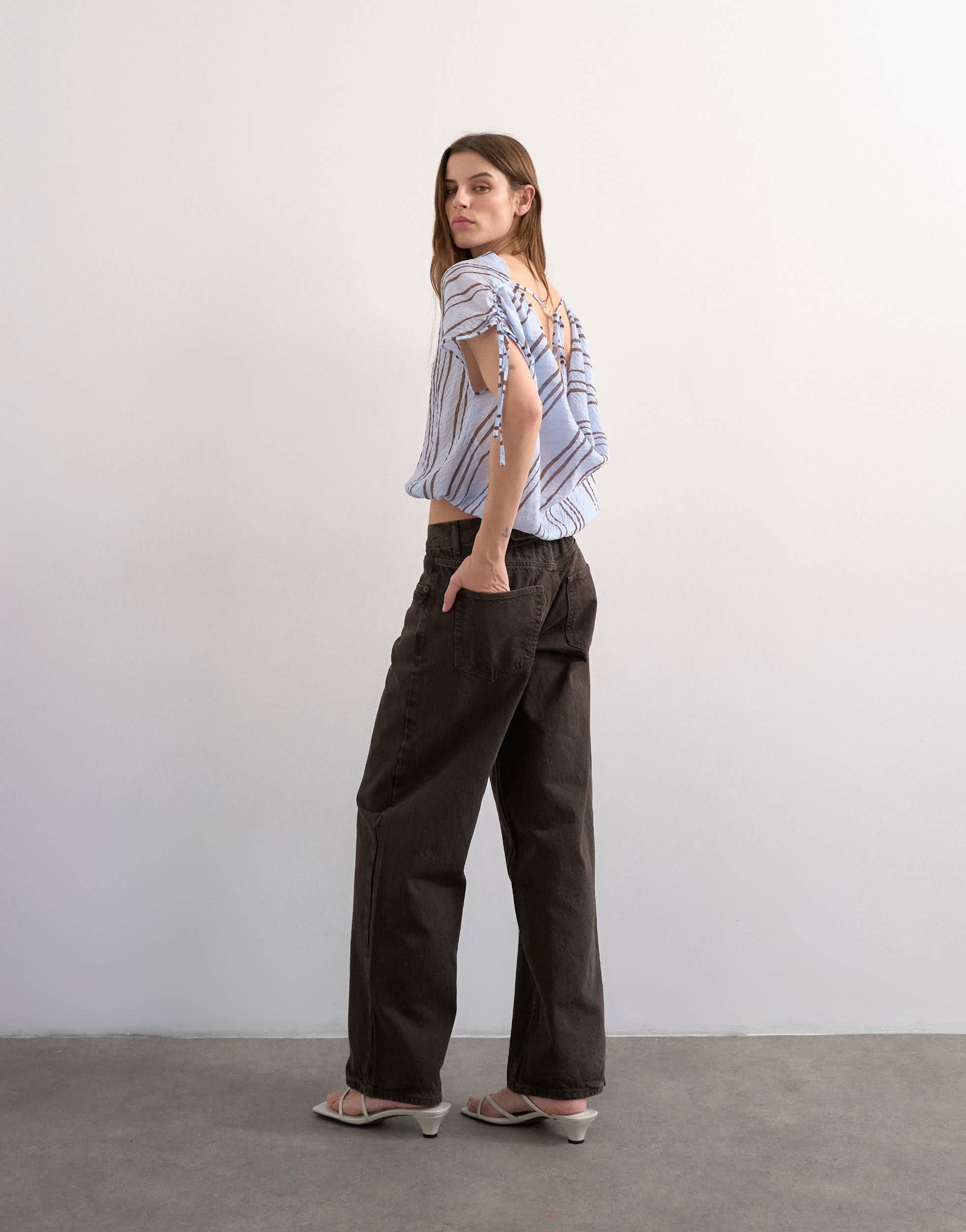Topshop draped high neck top with tie in blue stripe