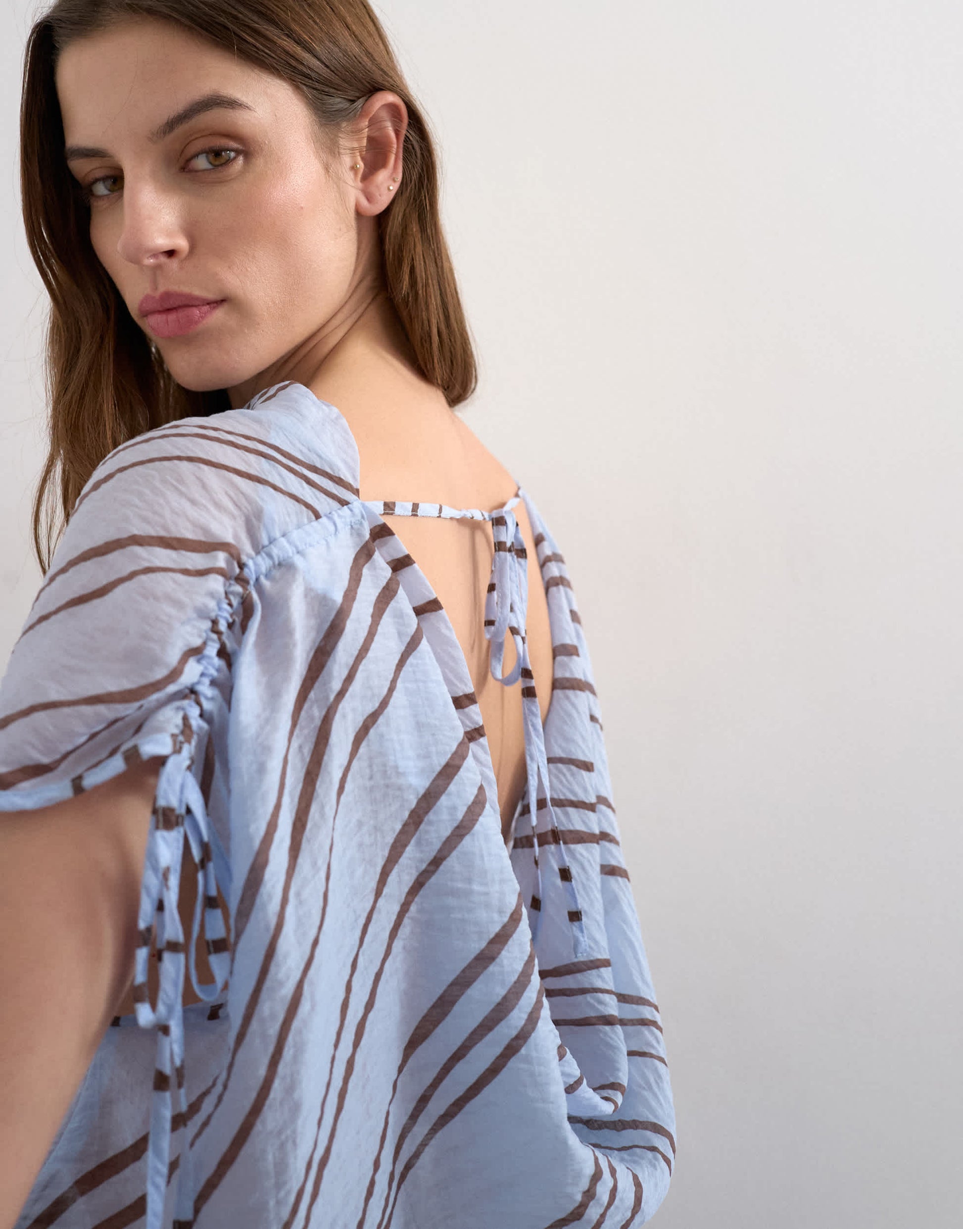 Topshop draped high neck top with tie in blue stripe