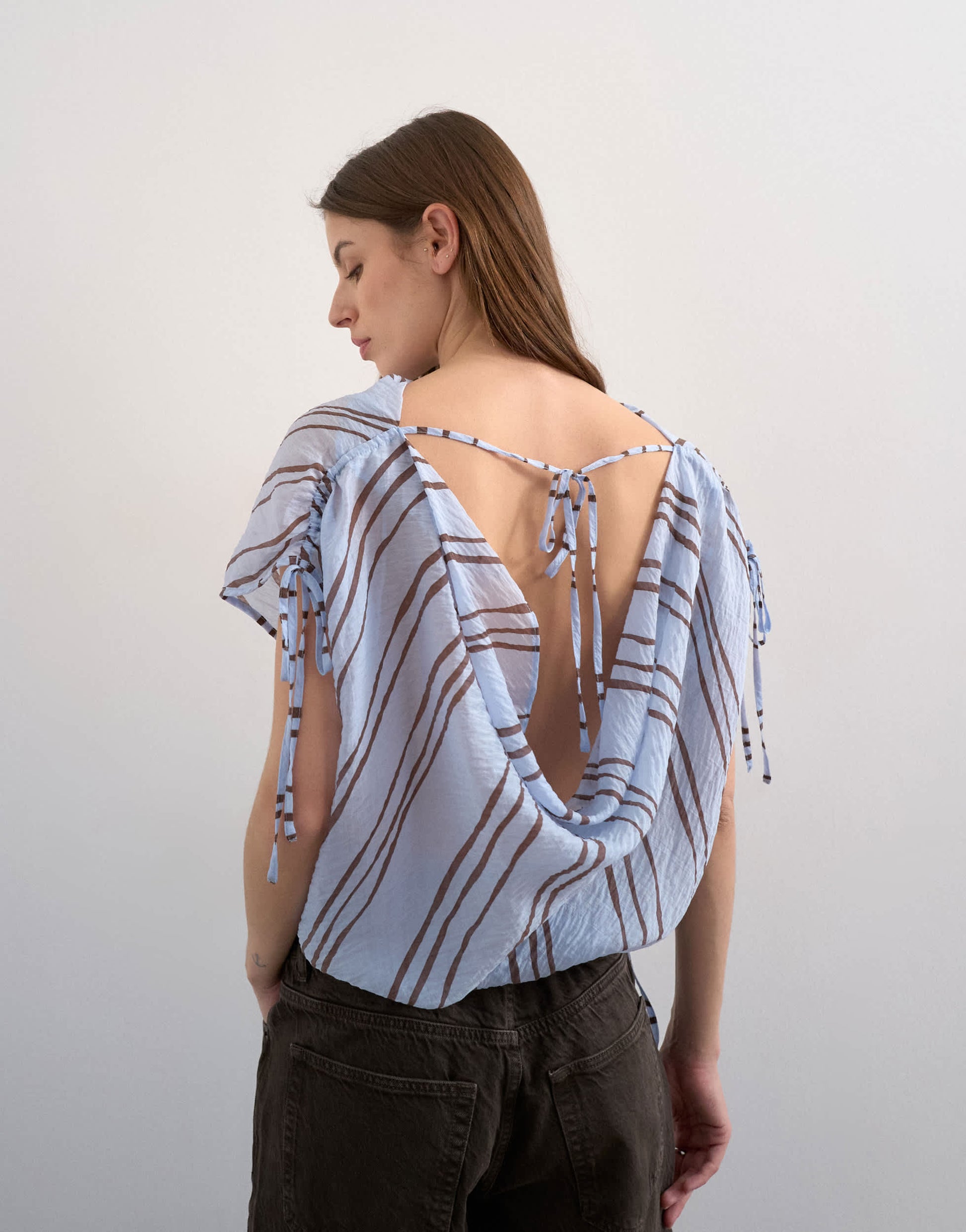 Topshop draped high neck top with tie in blue stripe