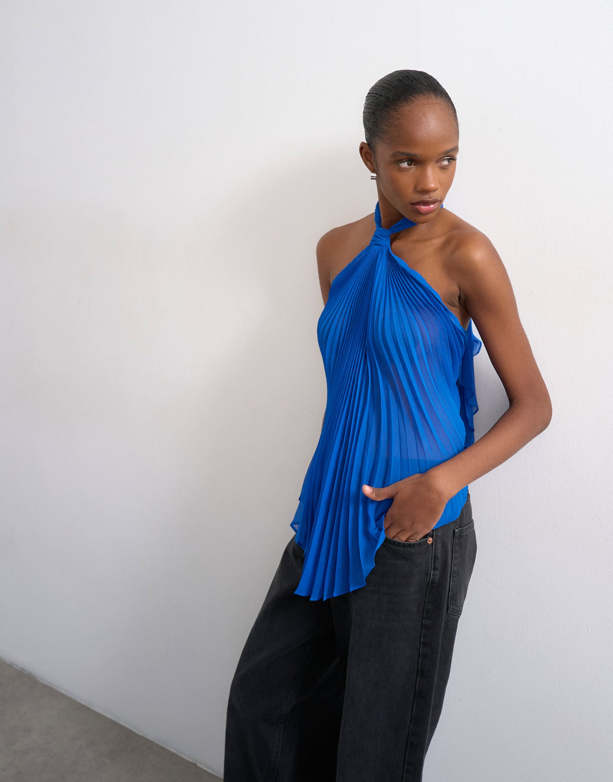 Topshop knot halter top with pleated fabric in cobalt blue
