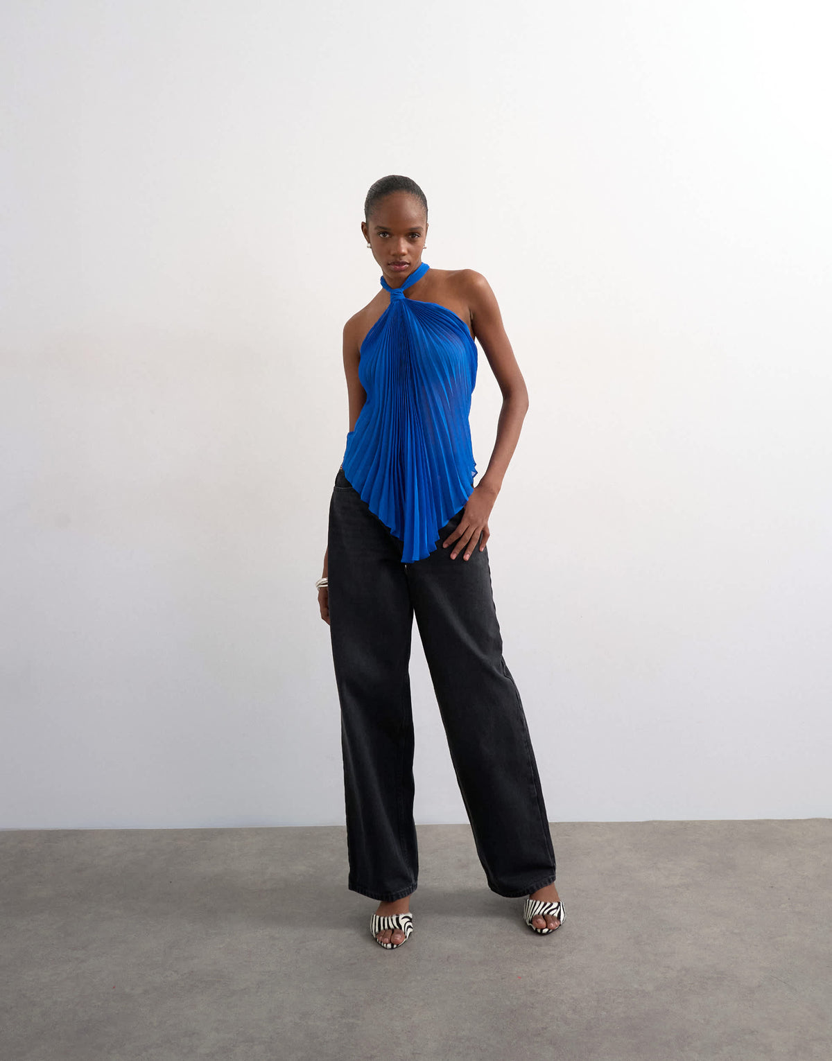 Topshop knot halter top with pleated fabric in cobalt blue