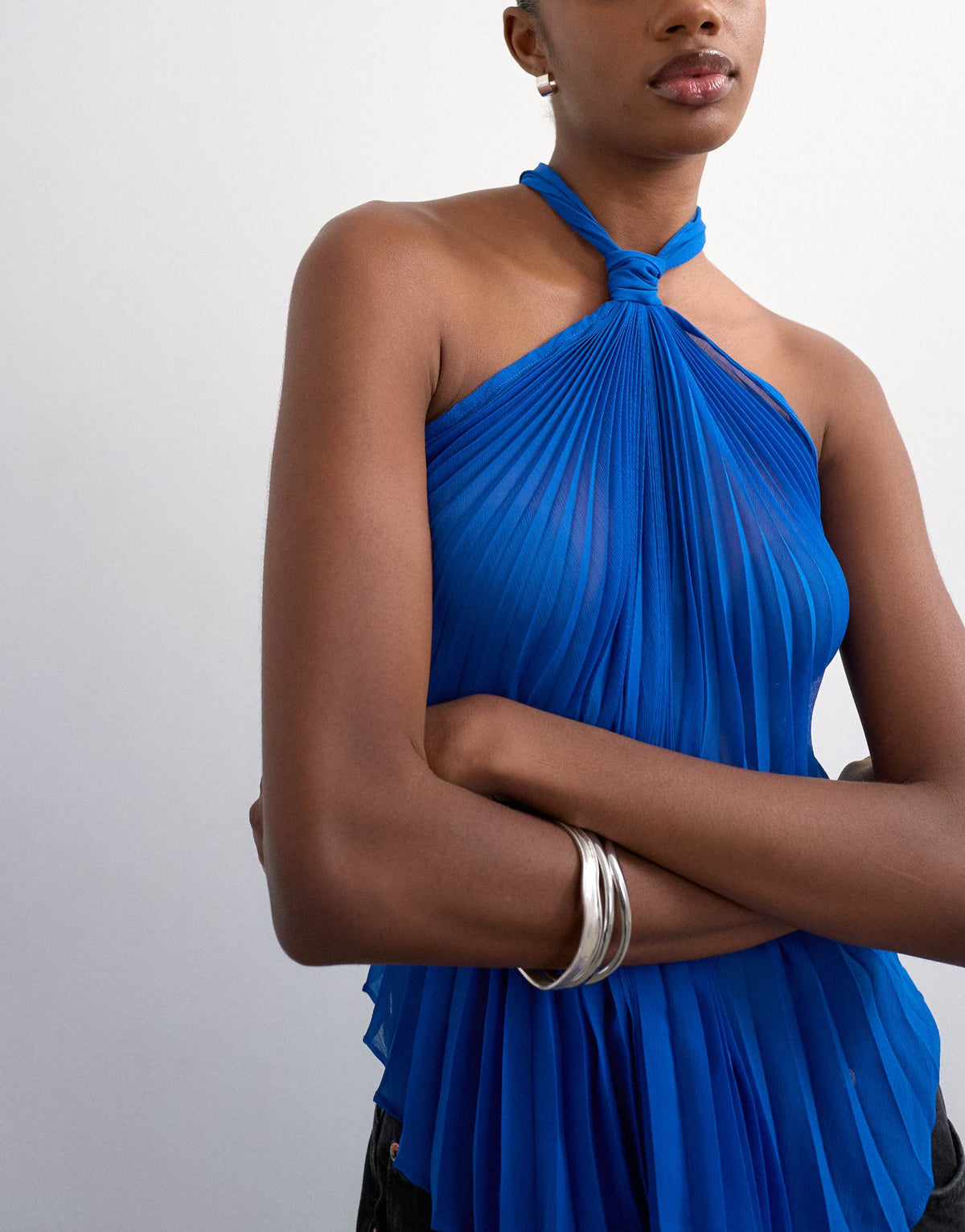 Topshop knot halter top with pleated fabric in cobalt blue