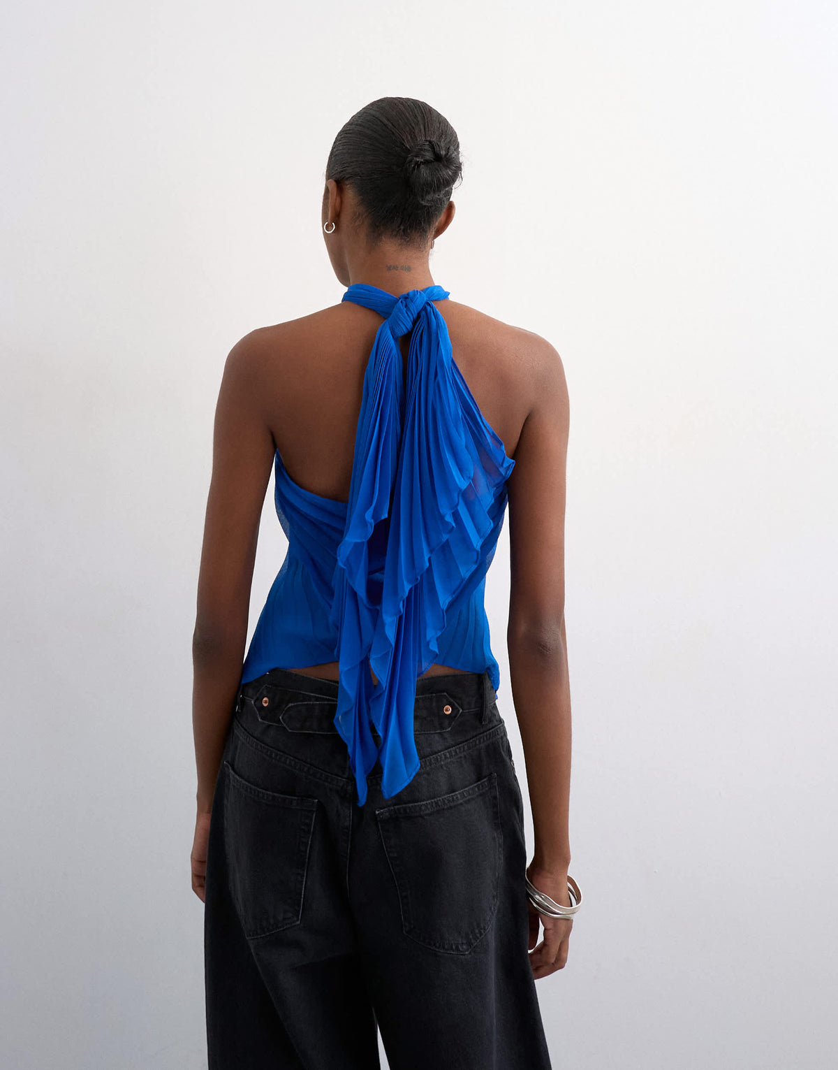 Topshop knot halter top with pleated fabric in cobalt blue